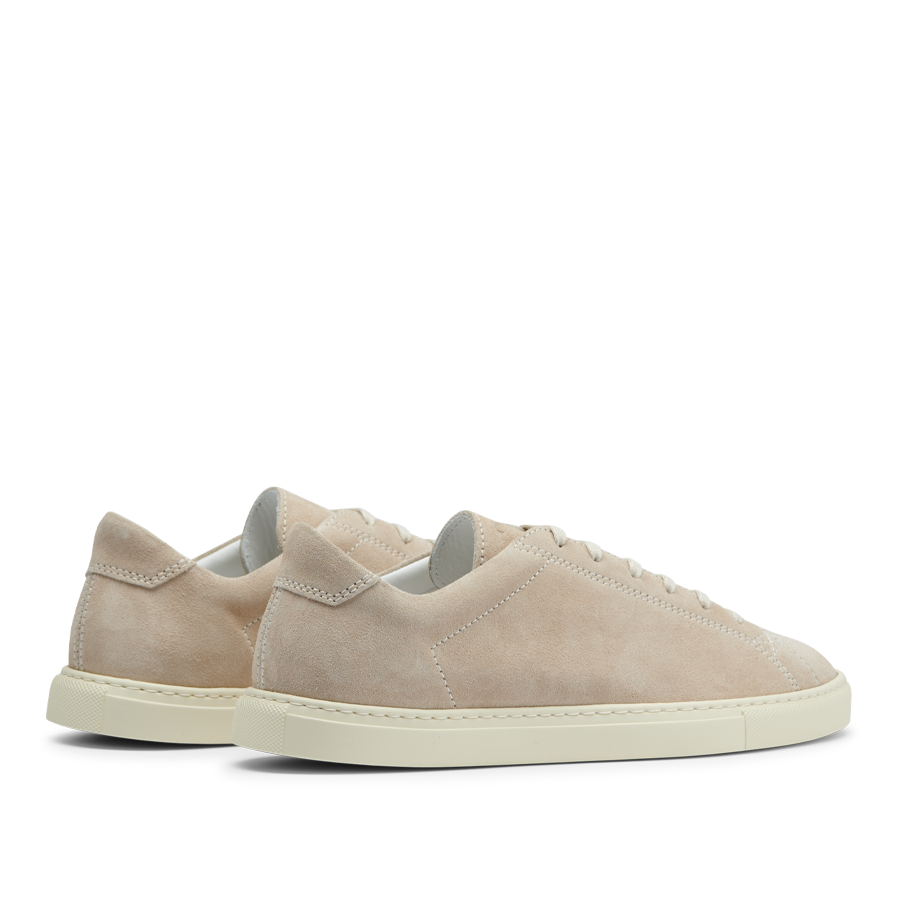 A pair of Beige Suede Leather Racquet Sneakers with Margom rubber soles displayed on a horizontal surface.