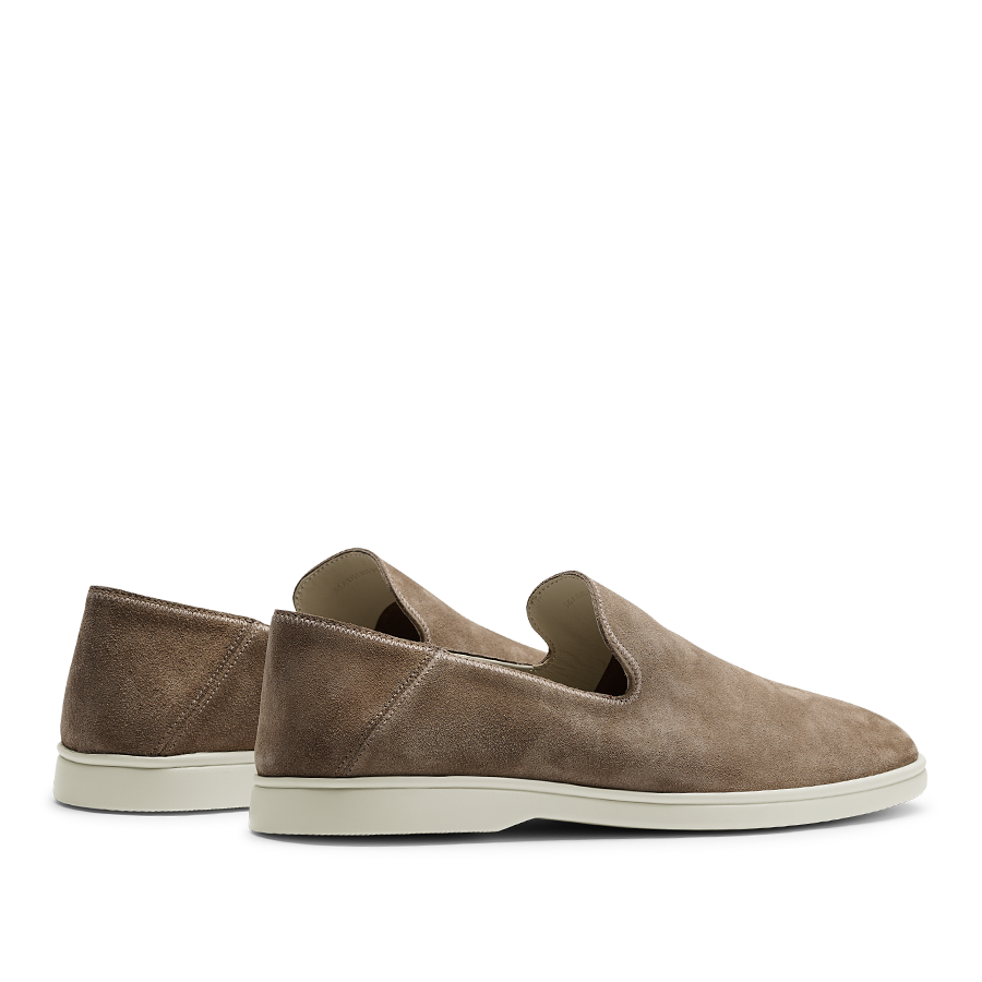 A pair of CQP Brown Tabac Suede Leather Vice Loafers with white rubber soles displayed against a white background.