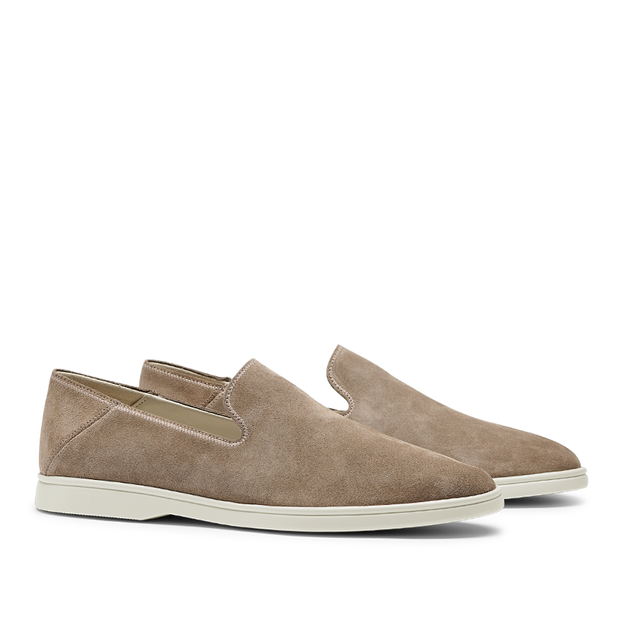 A pair of Brown Tabac Suede Leather Vice Loafers by CQP with white soles displayed against a neutral background.