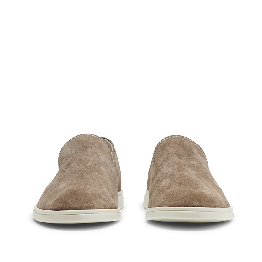 A pair of Brown Tabac Suede Leather Vice Loafers slip-on shoes with white soles, perfect for summer.