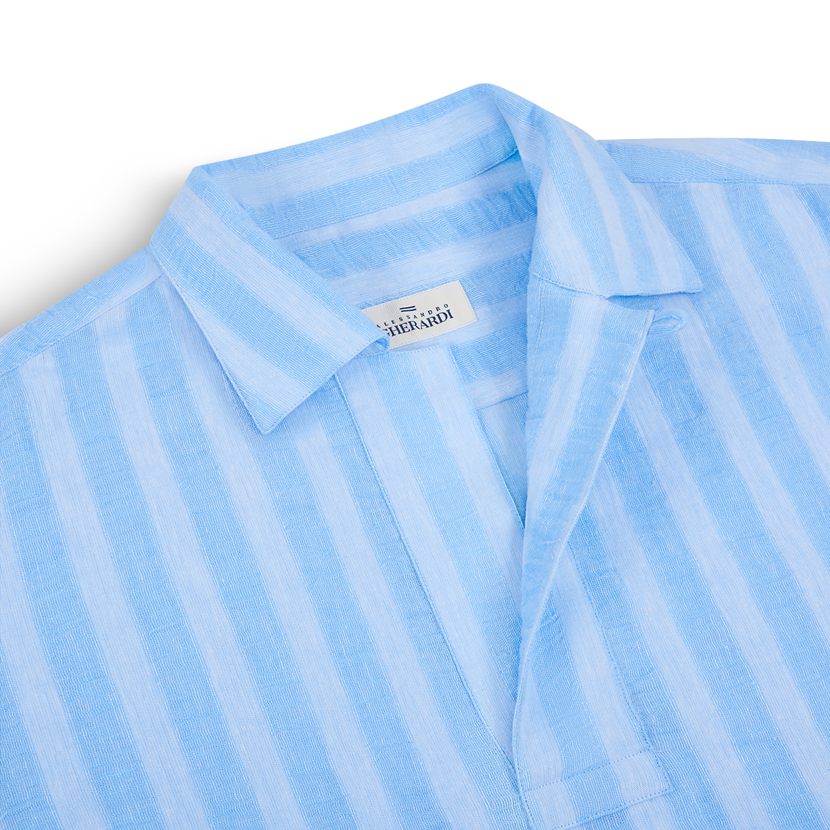 Blue Stripe Cotton/Linen Popover Camp Collar Shirt