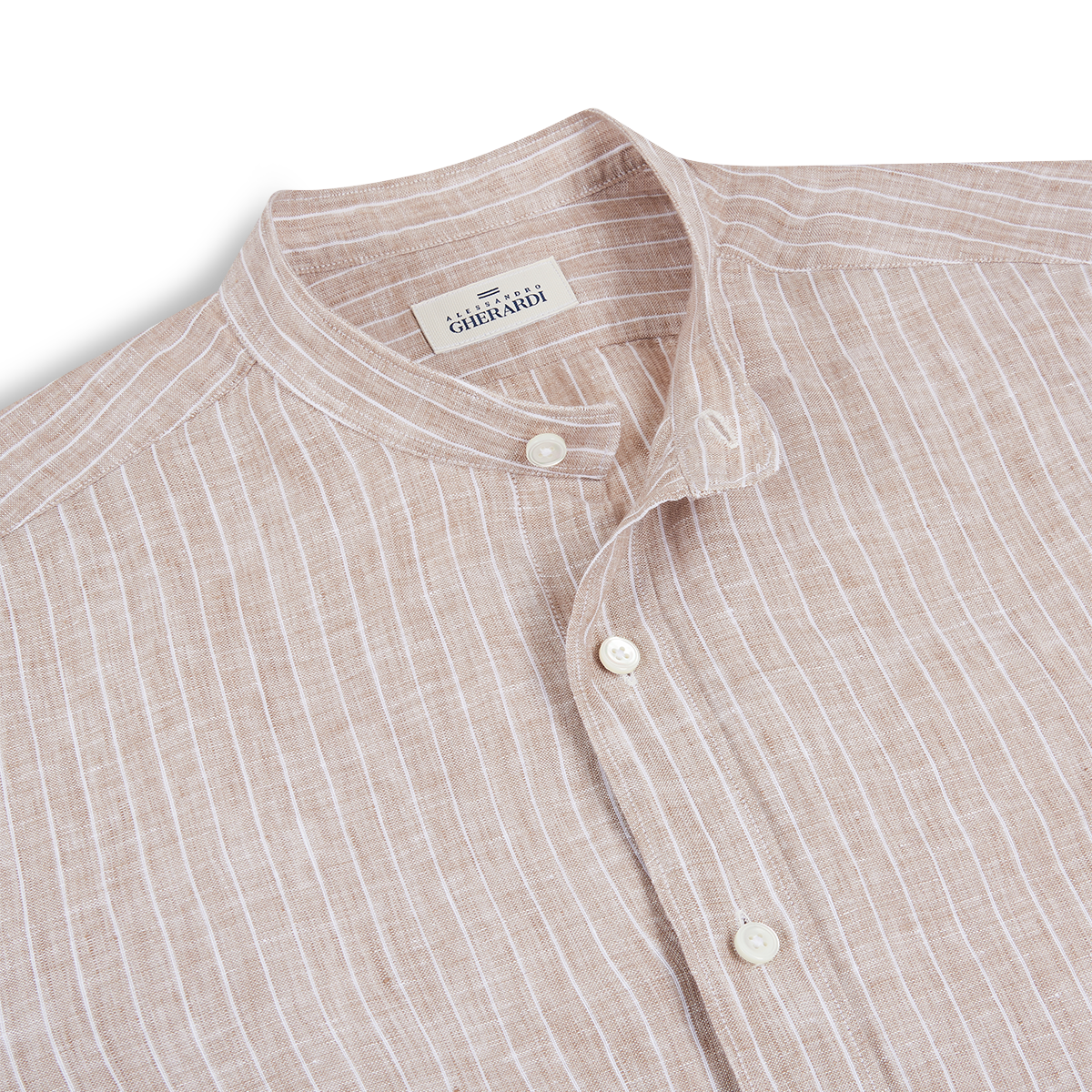 Brown Stripe Linen Mandarin Collar Shirt