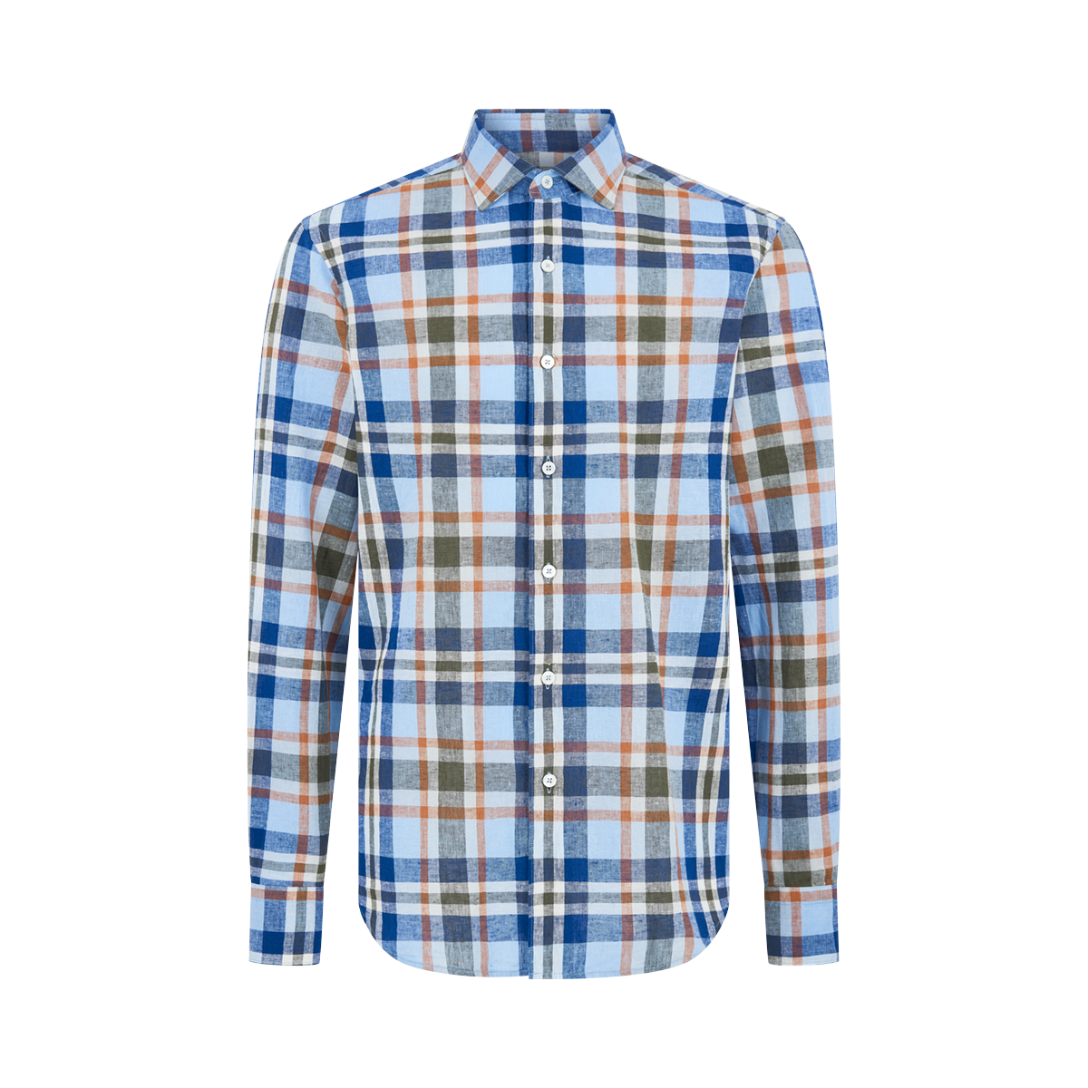 The Alessandro Gherardi Blue/Orange Checked Linen Spread Collar Casual Shirt is a long-sleeved, button-up shirt with a spread collar and checked pattern in blue and orange shades. , available at Richard Gelding Mayfair