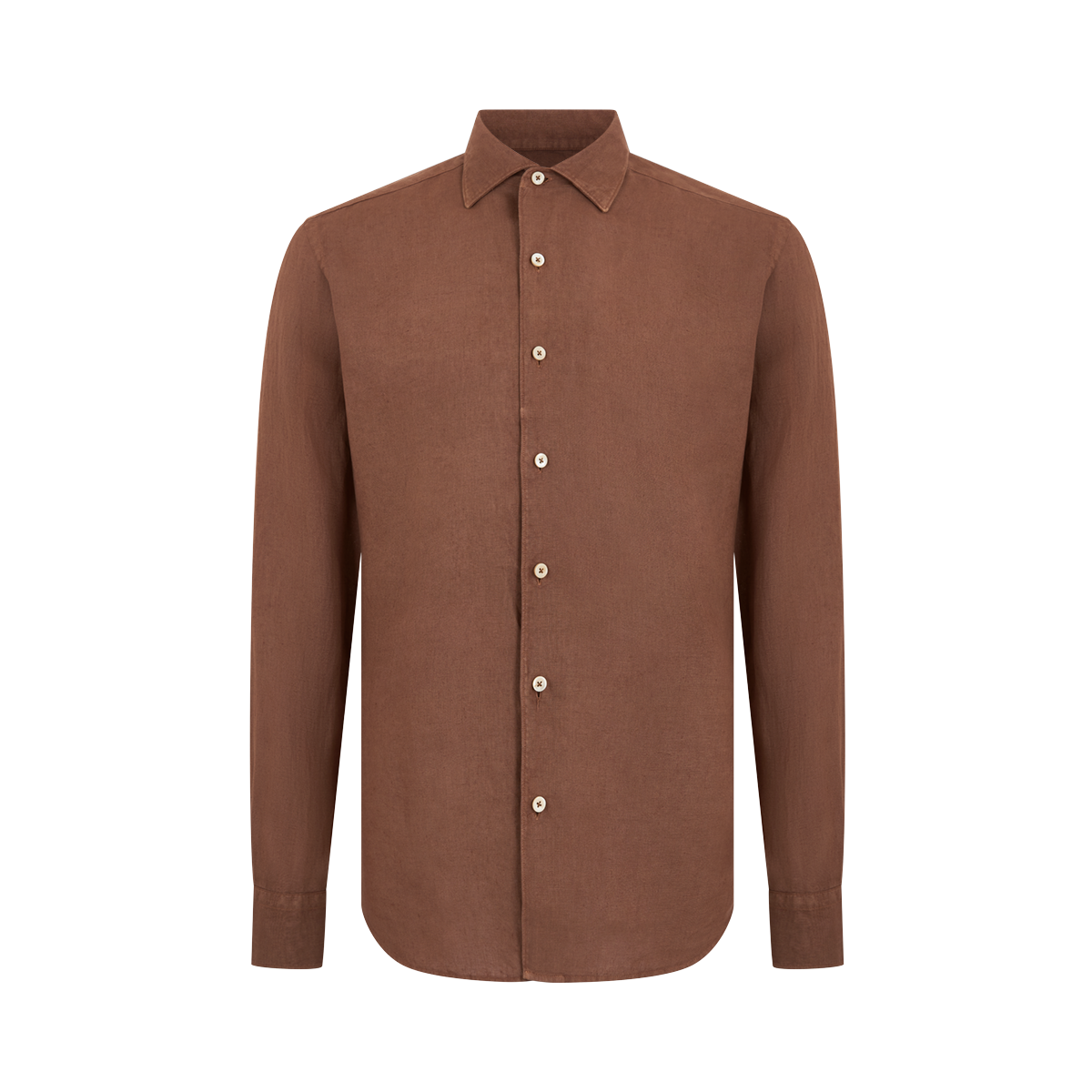 The Alessandro Gherardi Tobacco Brown Linen One Piece Collar Casual Shirt is shown facing forward with long sleeves, white buttons, buttoned cuffs, and a plain design against a white background. , available at Richard Gelding Mayfair