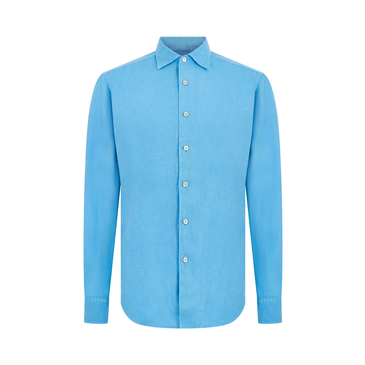 The Alessandro Gherardi Mid Blue Linen One Piece Collar Casual Shirt is shown facing forward on a white background, featuring long sleeves, a one-piece collar, and white buttons. , available at Richard Gelding Mayfair