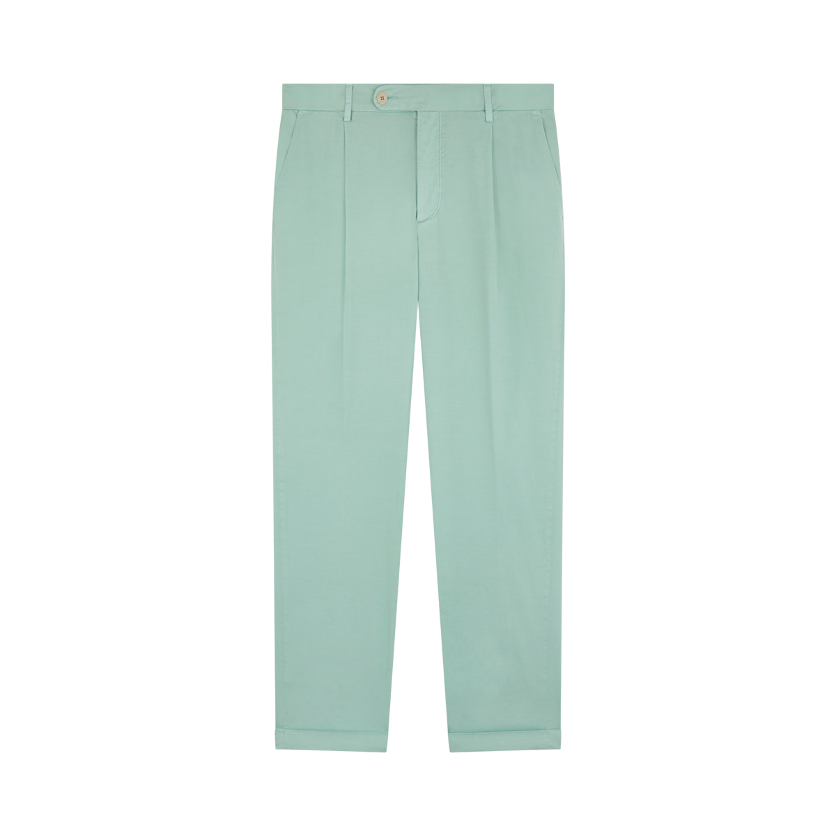 Barmas Aqua Green Cotton/Silk Stretch Waistband Chinos shown on a white background feature a classic fit, straight legs, front pleats, side pockets, belt loops, single button closure, and neat cuffed hem for a polished look. , available at Richard Gelding Mayfair