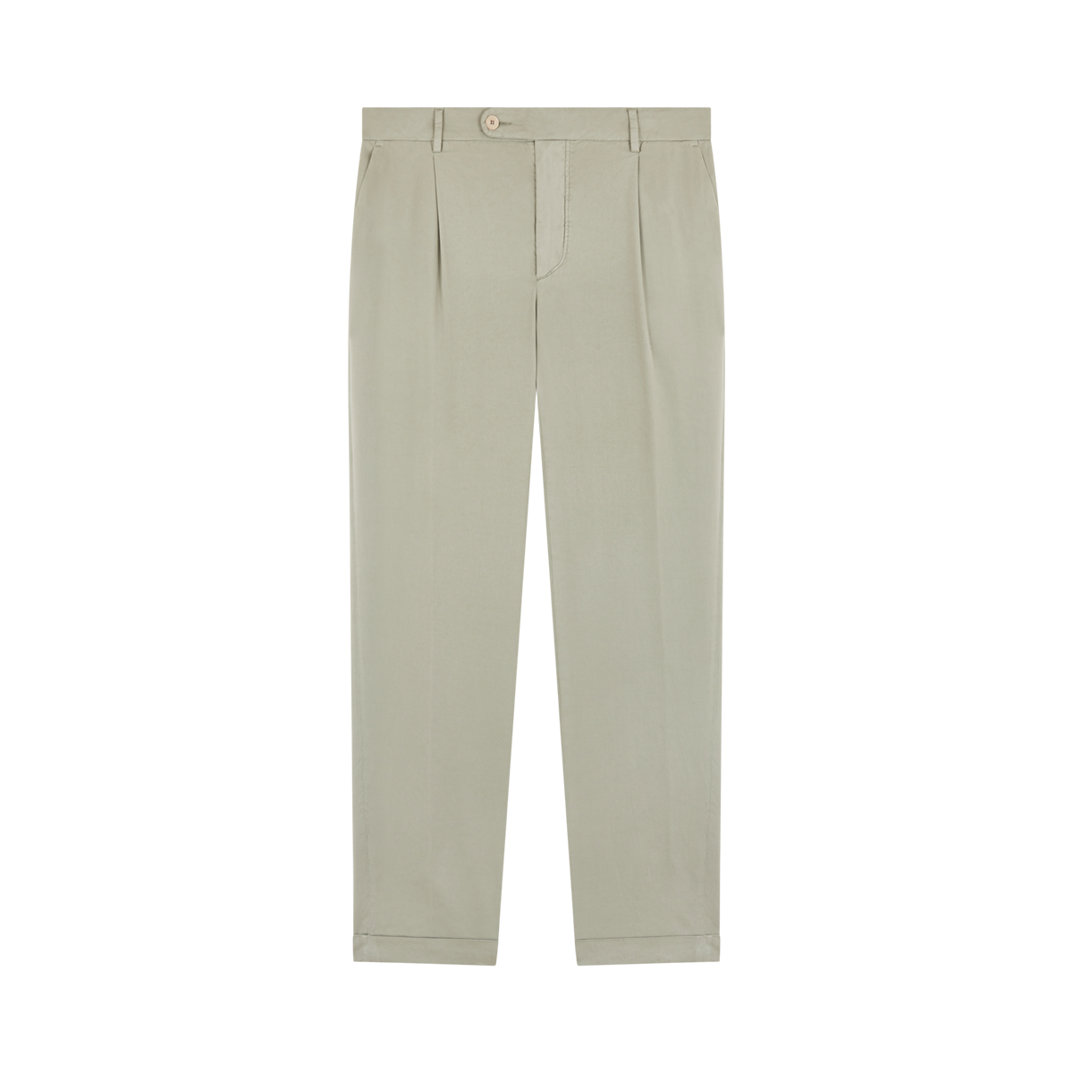 Sage green cotton/silk stretch waistband chinos by Barmas displayed flat on a white background, featuring a clean, classic tailored design with pleats at the waist and two side pockets. , available at Richard Gelding Mayfair