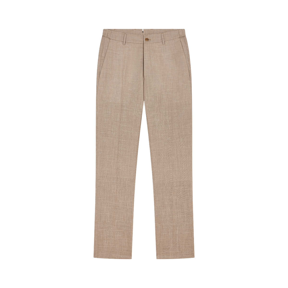 The Berwich Beige Wool Silk Linen Loro Piana Casual Trouser is shown flat on a white background, featuring a straight leg cut, belt loops, side pockets, a single button waist closure, and a subtle textured pattern. , available at Richard Gelding Mayfair