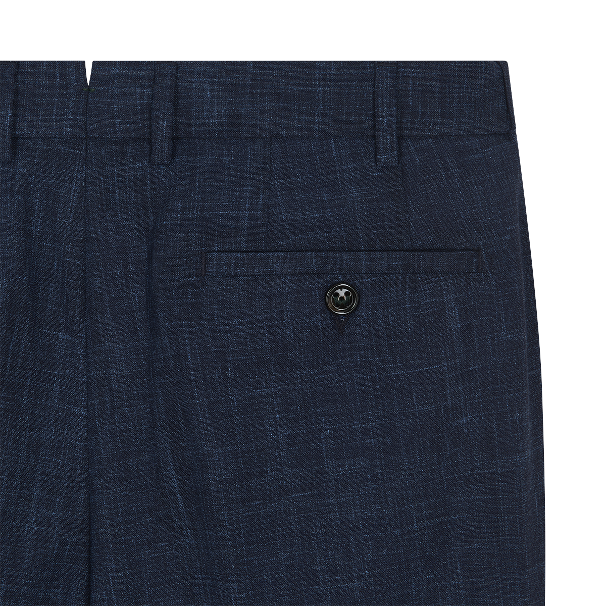 Close-up of the back pocket on Berwich's Navy Blue Wool Silk Linen Loro Piana Casual Trouser, featuring a single black button closure, a belt loop above the pocket, and subtle crosshatch texture in the fabric. , available at Richard Gelding Mayfair