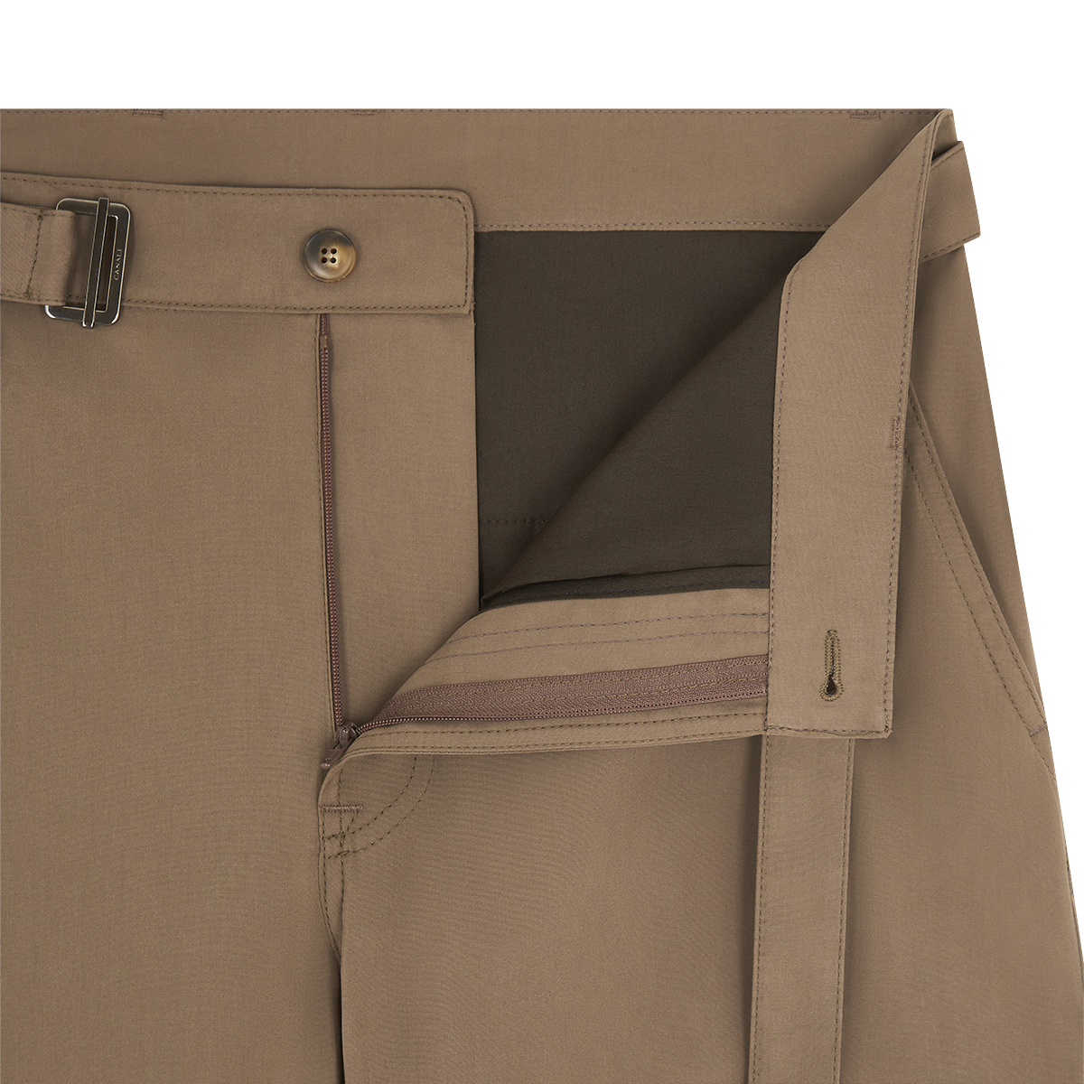 Close-up of Canali Brown Cotton Poplin Self-Belt Trouser, featuring an extended waistband tab with buckle, tan button closure, partially open zipper fly, and tailored dark brown inner waistband with neat stitching and fabric detailing. , available at Richard Gelding Mayfair