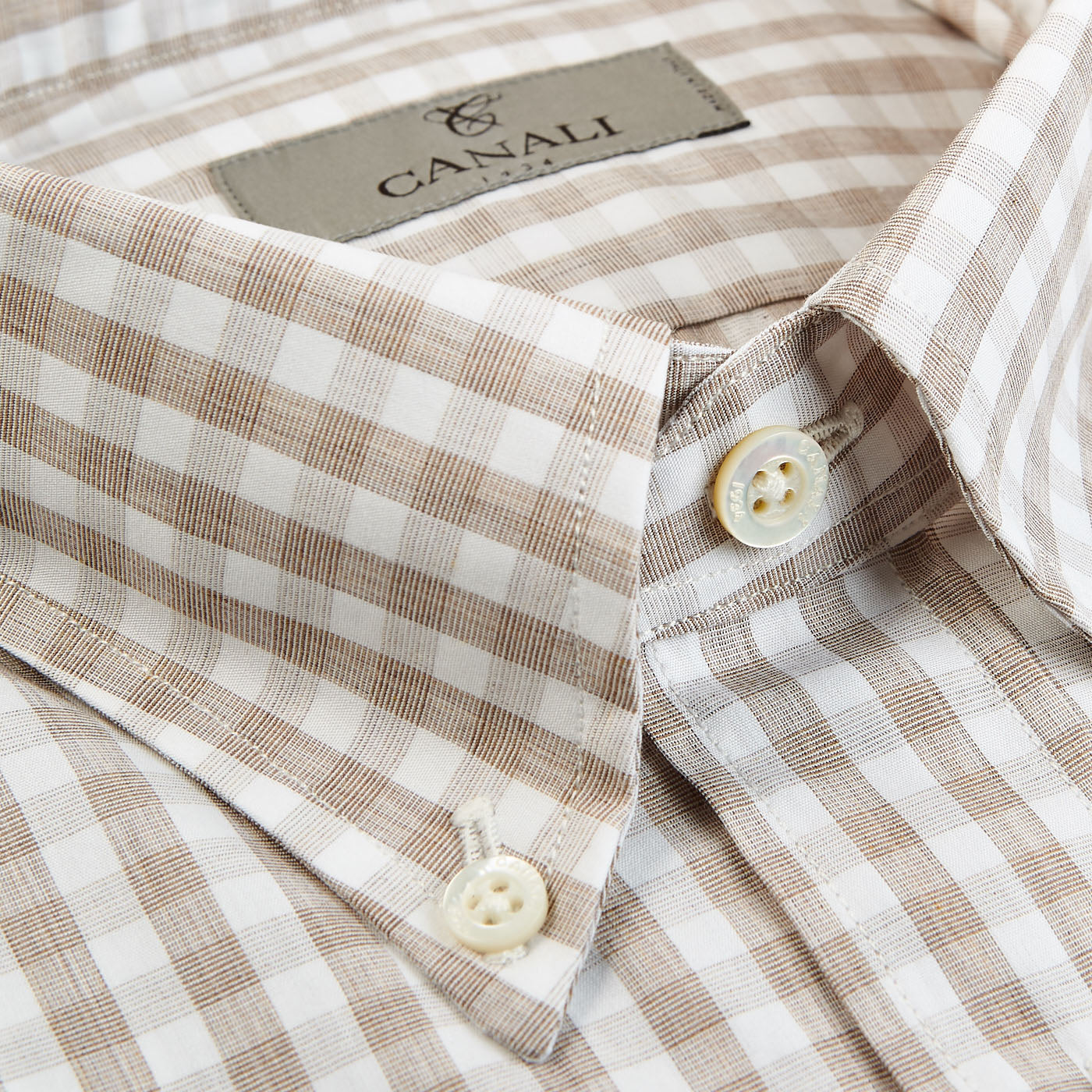 Canali Beige Checked Cotton BD Shirt Collar