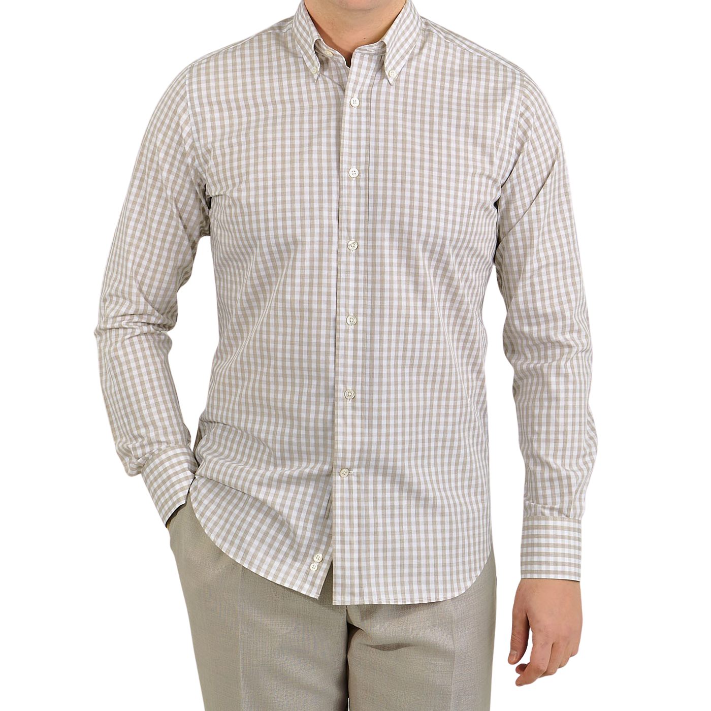 Canali Beige Checked Cotton BD Shirt Front