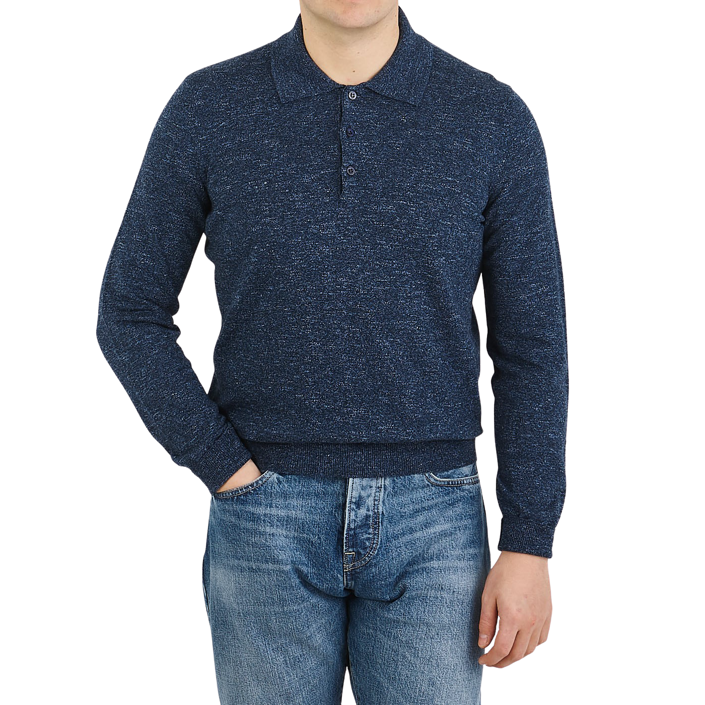 Canali Blue Melange Cotton Linen Polo Shirt Front