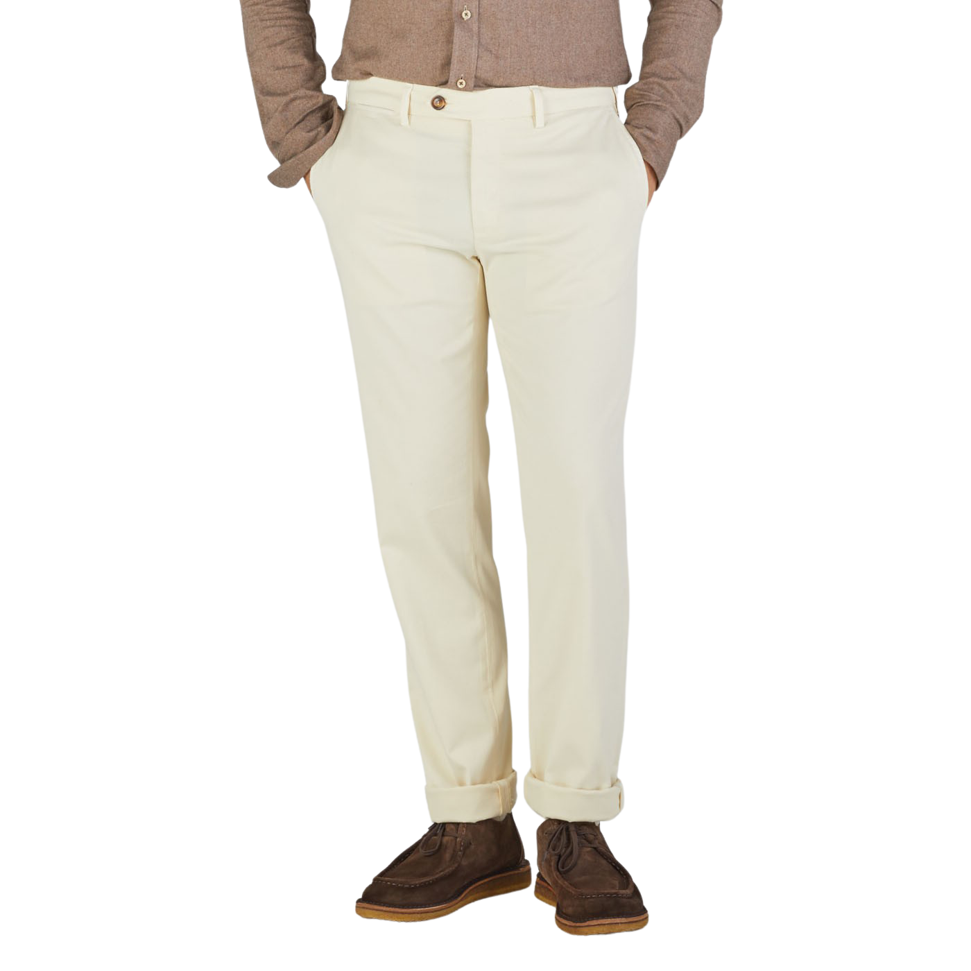 Canali Cream Beige Cotton Stretch Flat Front Chinos Front