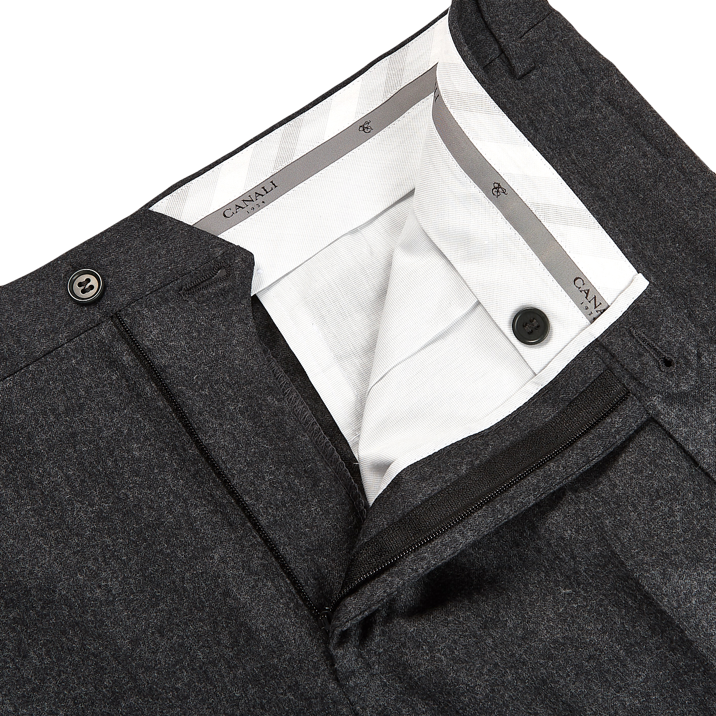 Canali Grey Wool Flannel Flat Front Trousers Zipper 22983