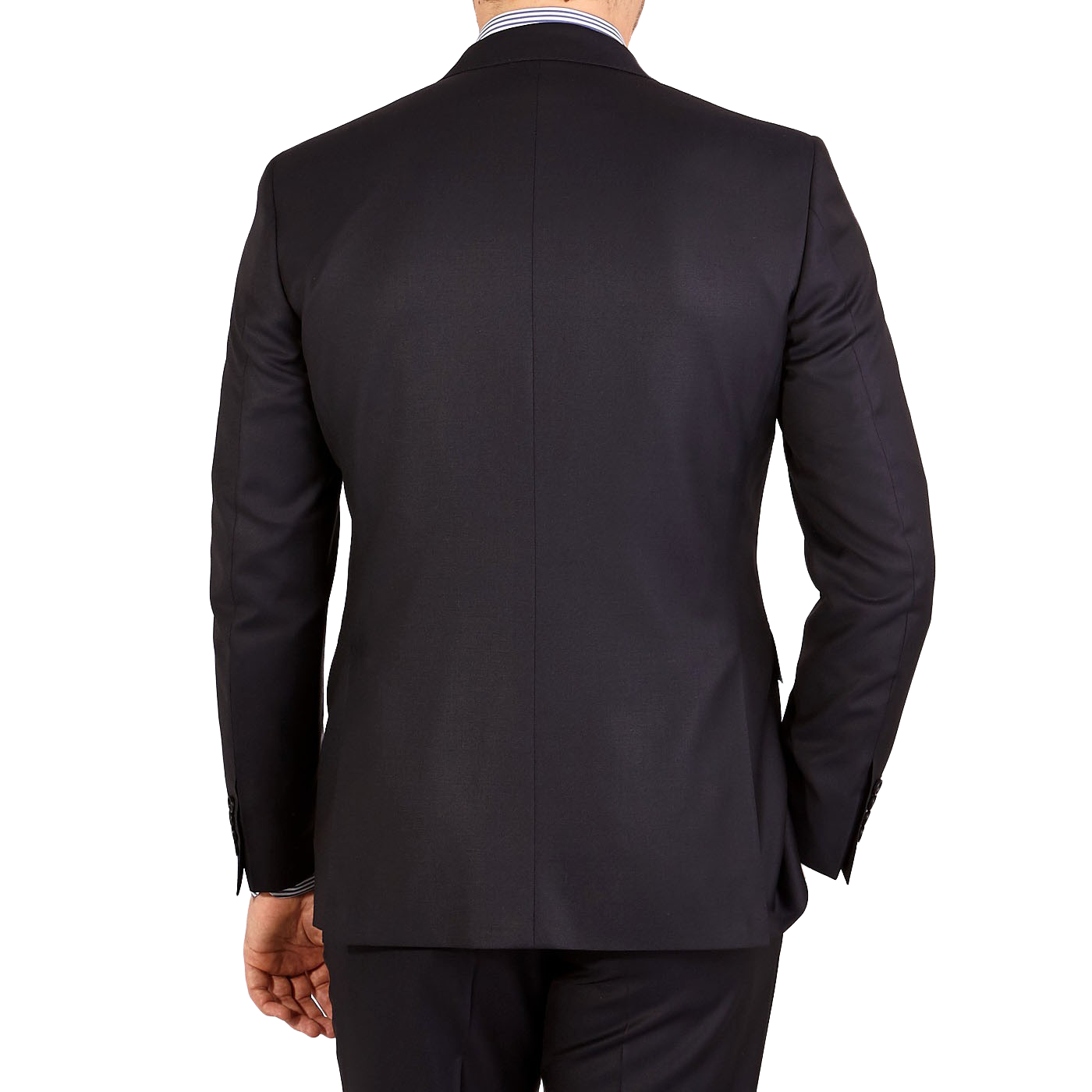A man wearing a Canali Navy Blue Wool Notch Lapel Suit with structured shoulders.