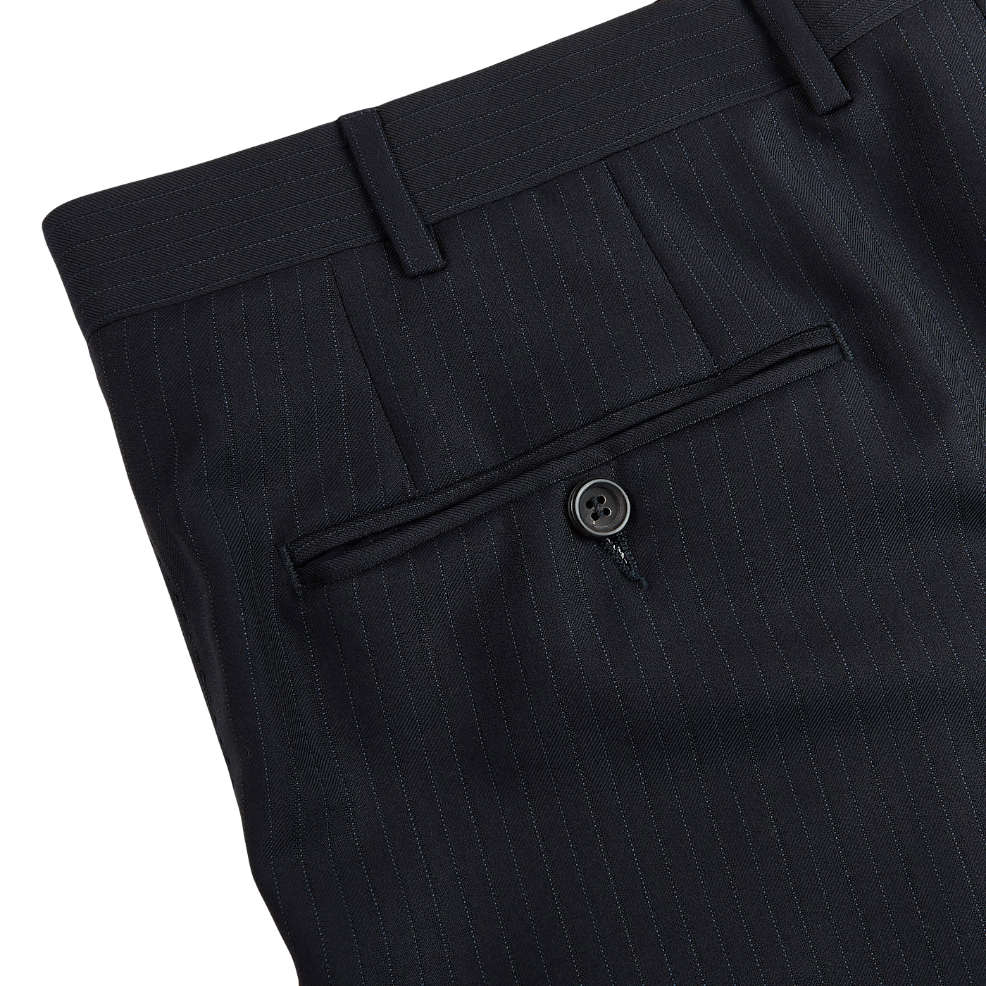 Close up of Canali Navy Pinstripe Super 150s Wool Drop 4 suit trousers.