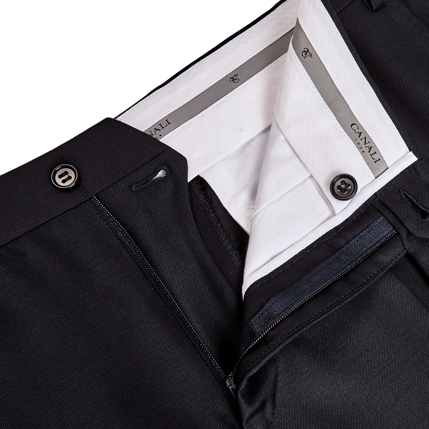 A close up of the pocket of a Canali Navy Blue Wool Notch Lapel Suit pant, showcasing its formal dark shade.