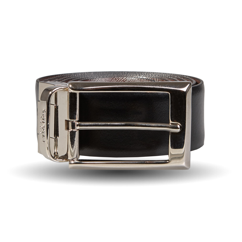 A reversible Reversible Black Brown Leather 35mm Belt with a silver buckle by Canali.