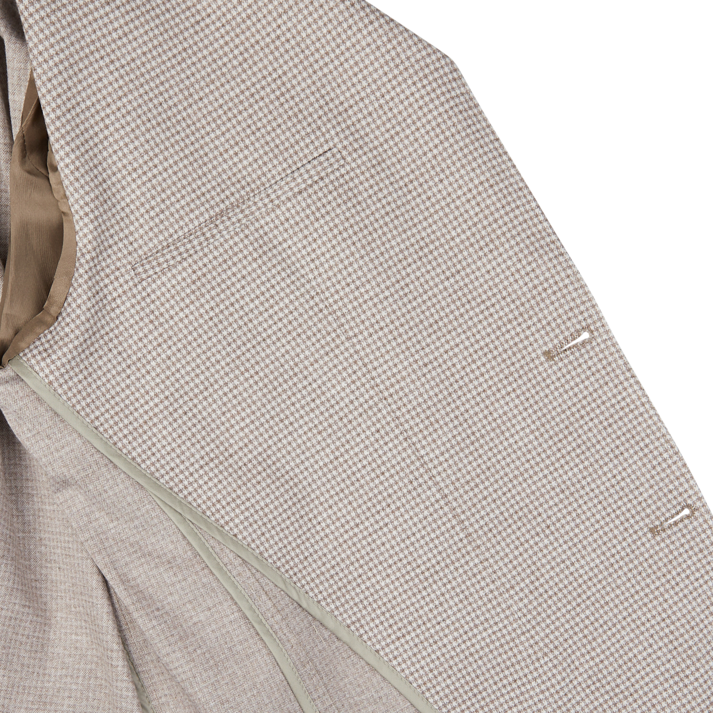 Close-up of a Canali Beige Houndstooth Cotton Jersey Blazer with a houndstooth-patterned suit design and buttons.