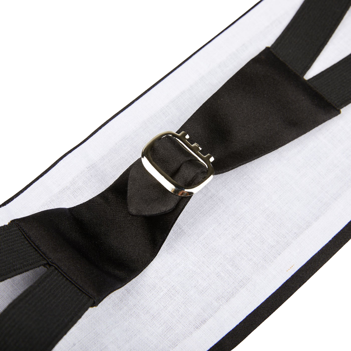 A Canali Black Pure Silk Pleated Cummerbund suspender with a buckle.