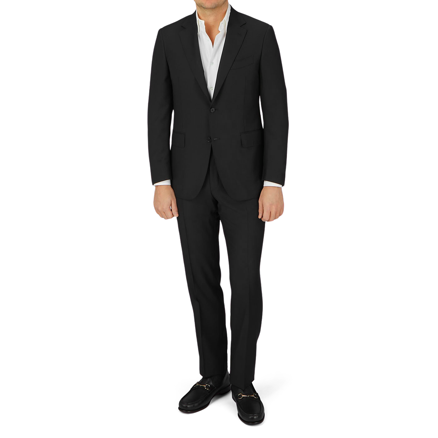A man is posing in a Canali Black Virgin Wool Twill Suit.