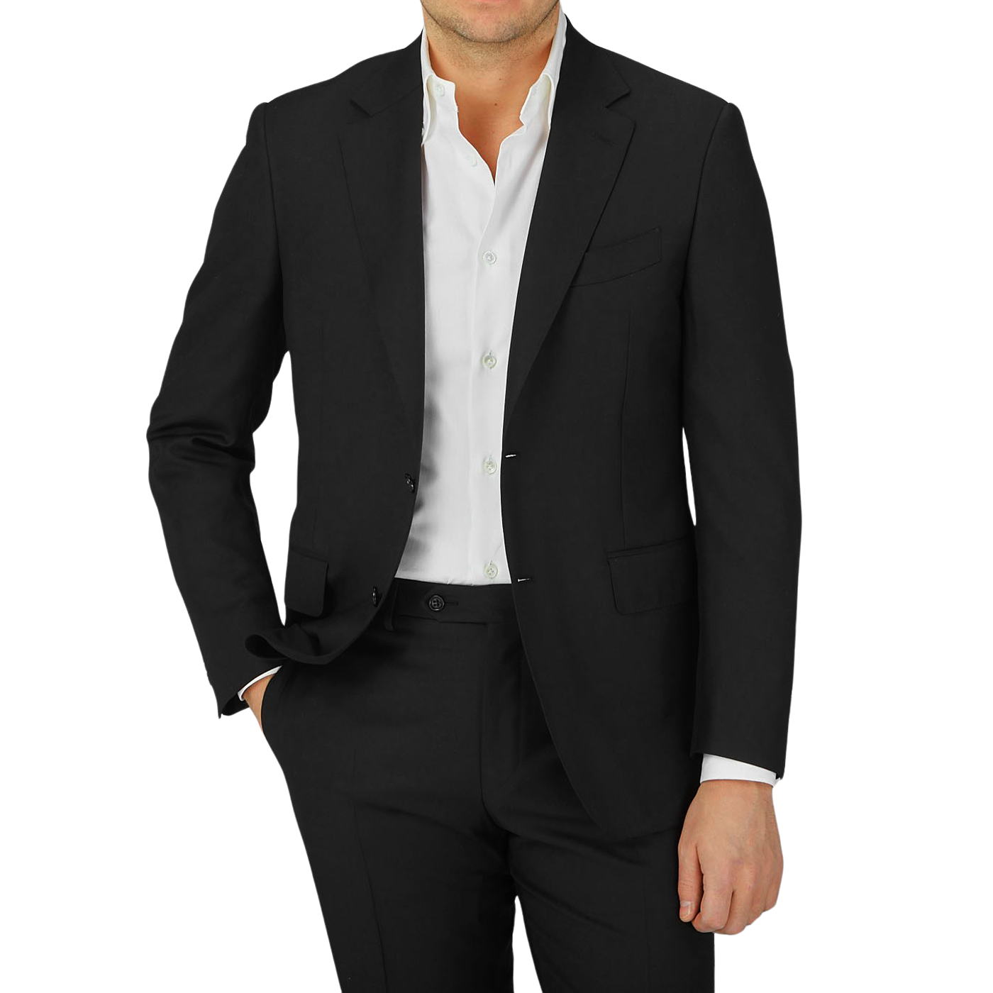 A man wearing a timeless Black Virgin Wool Twill Suit by Canali with structured shoulders and a crisp white shirt.