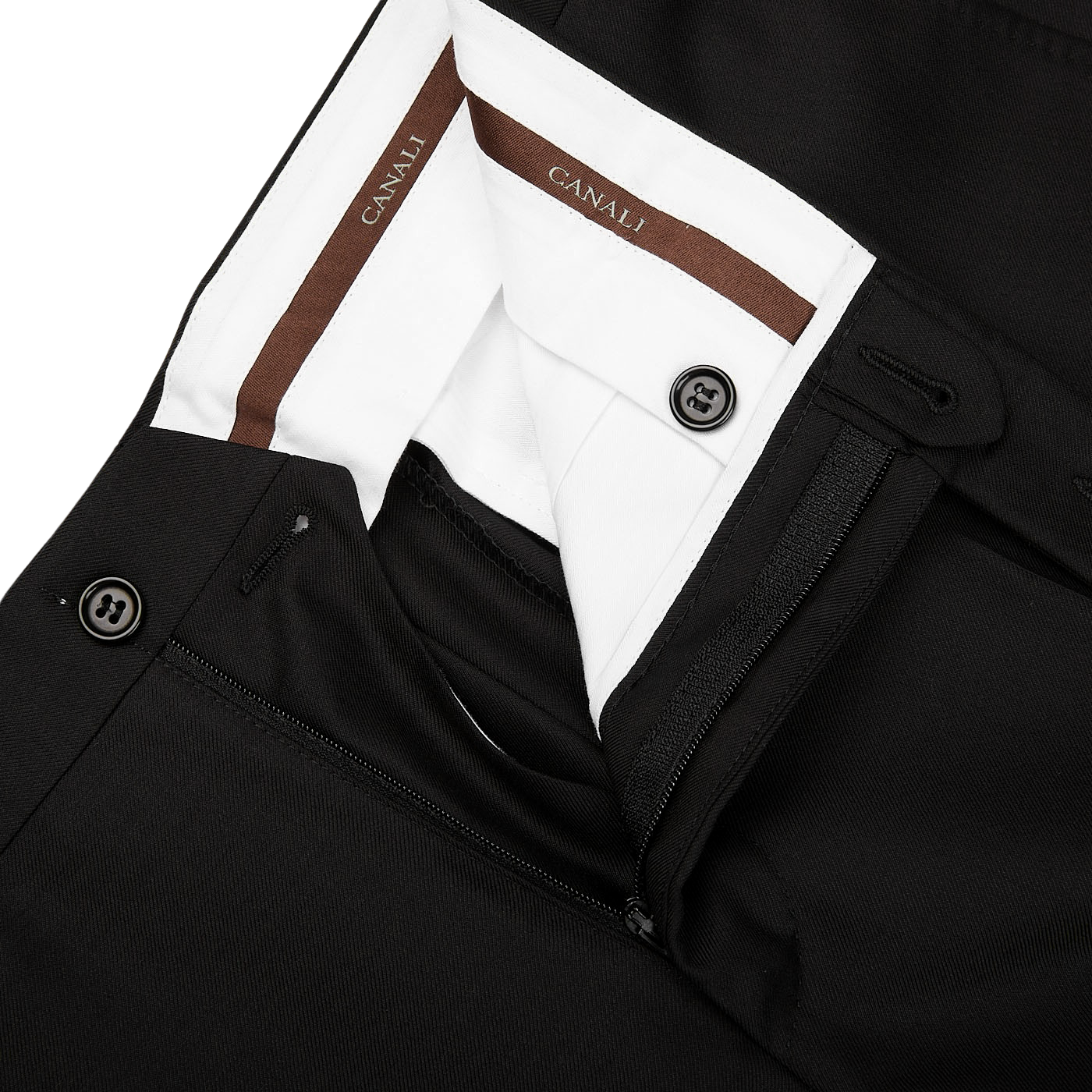 A timeless and classic close up of the pocket of a Canali Black Virgin Wool Twill Suit dress pant.