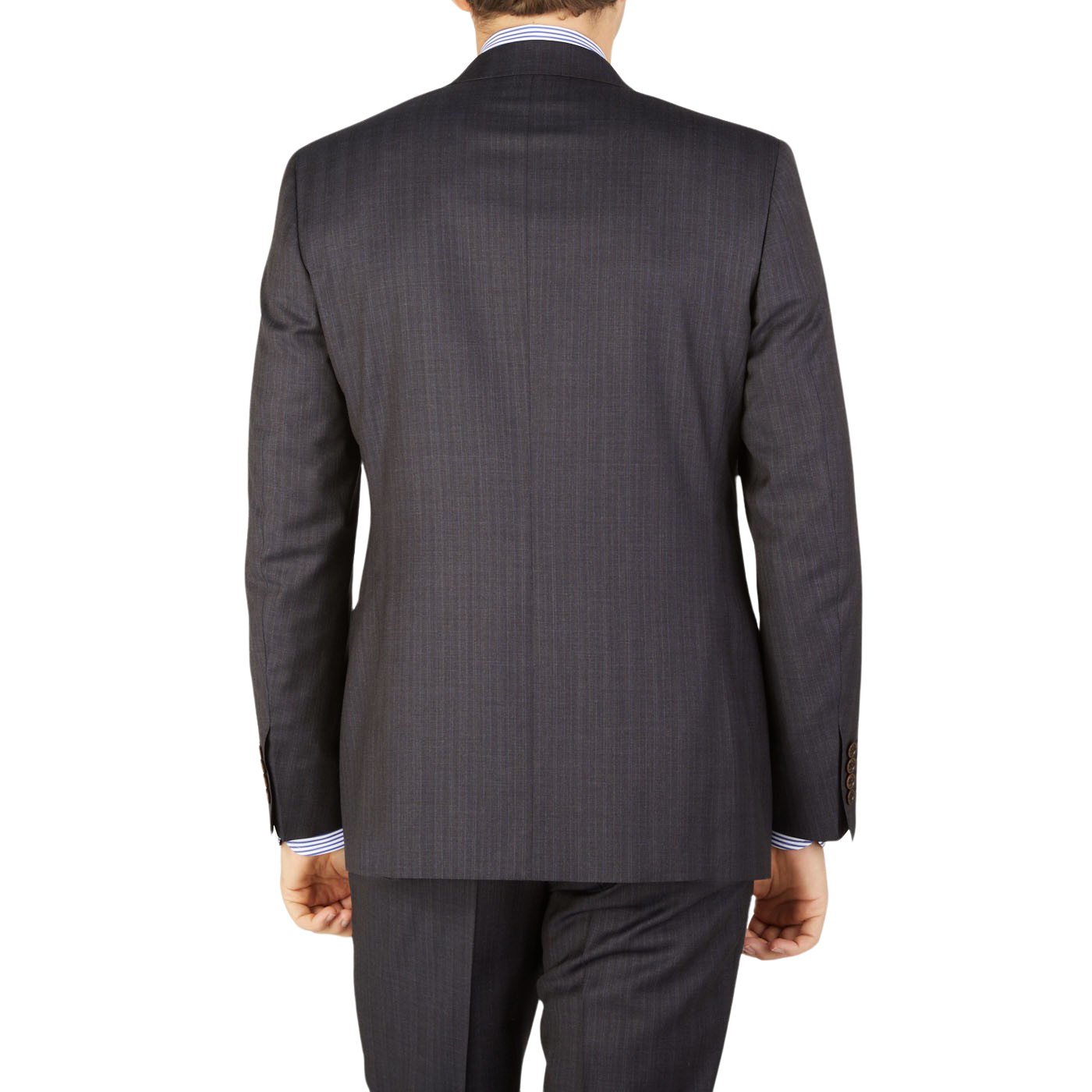 A man wearing a Canali Blue Brown Melange Striped Wool Suit from the back.