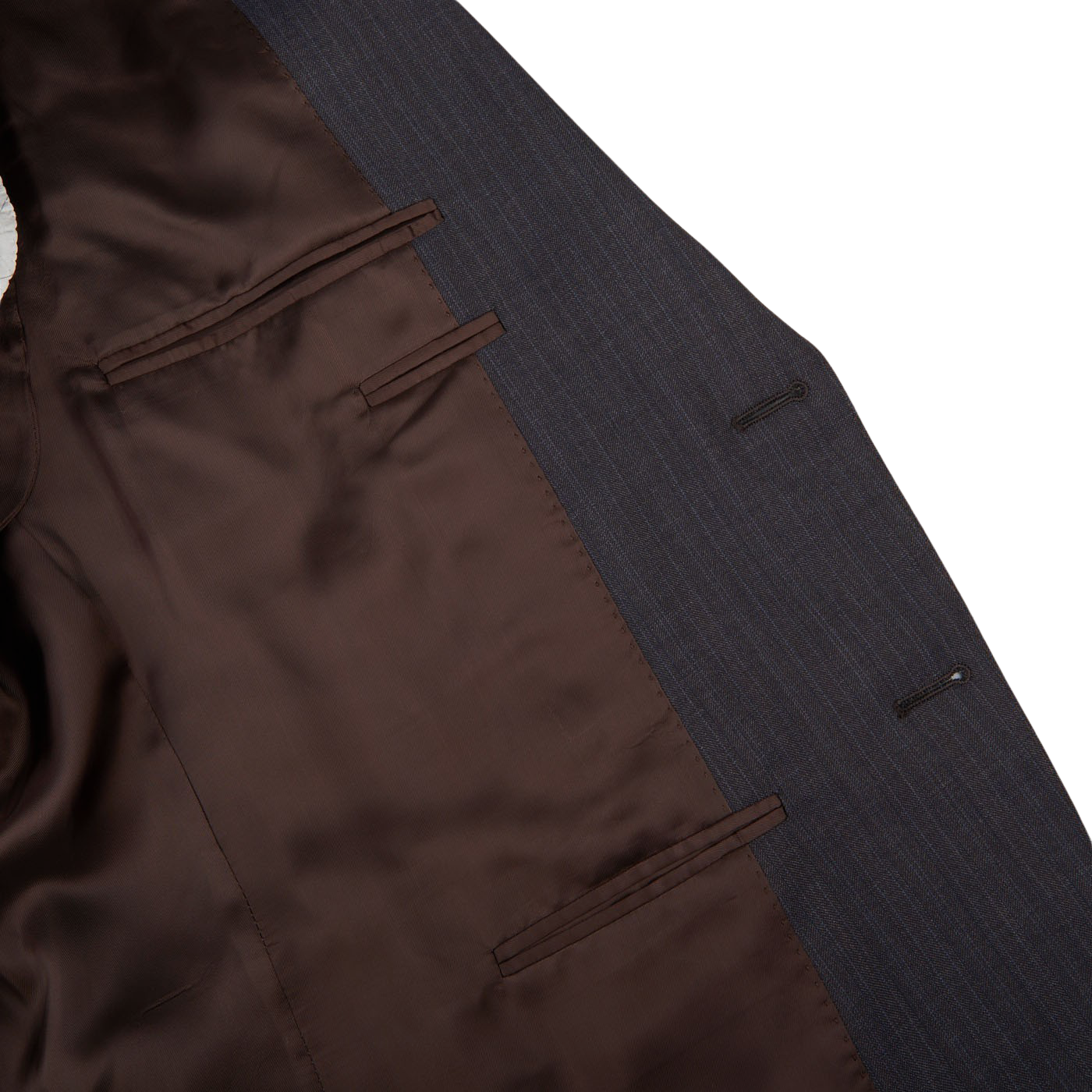 A close up of a Canali Blue Brown Melange Striped Wool Suit.