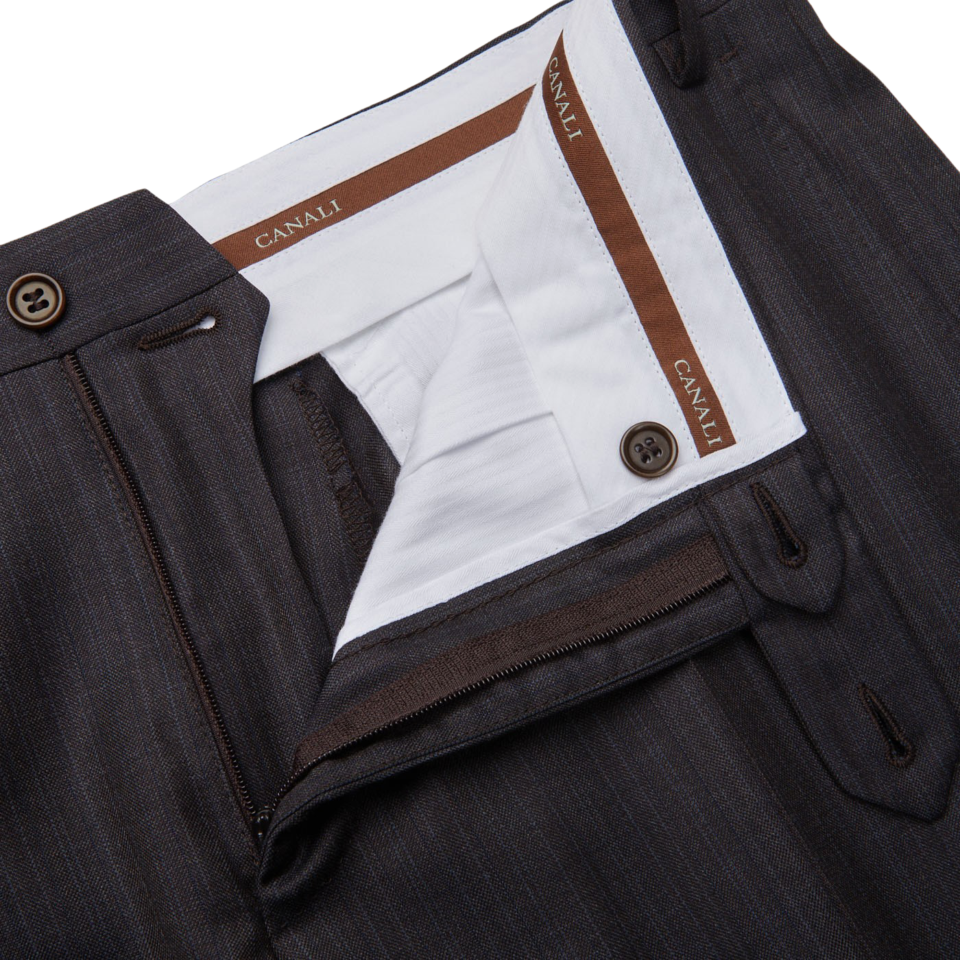 A close up of a Canali Blue Brown Melange Striped Wool Suit.