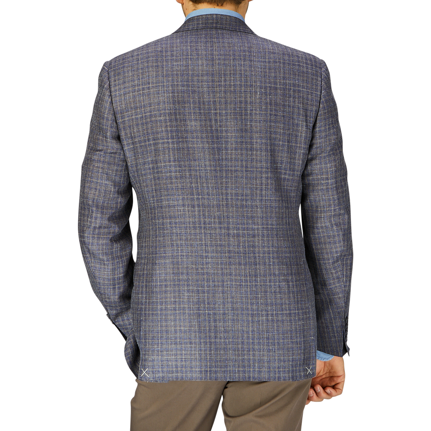 Rear view of a man wearing a Canali blue gingham checked wool silk linen blazer and beige trousers, standing against a plain background.