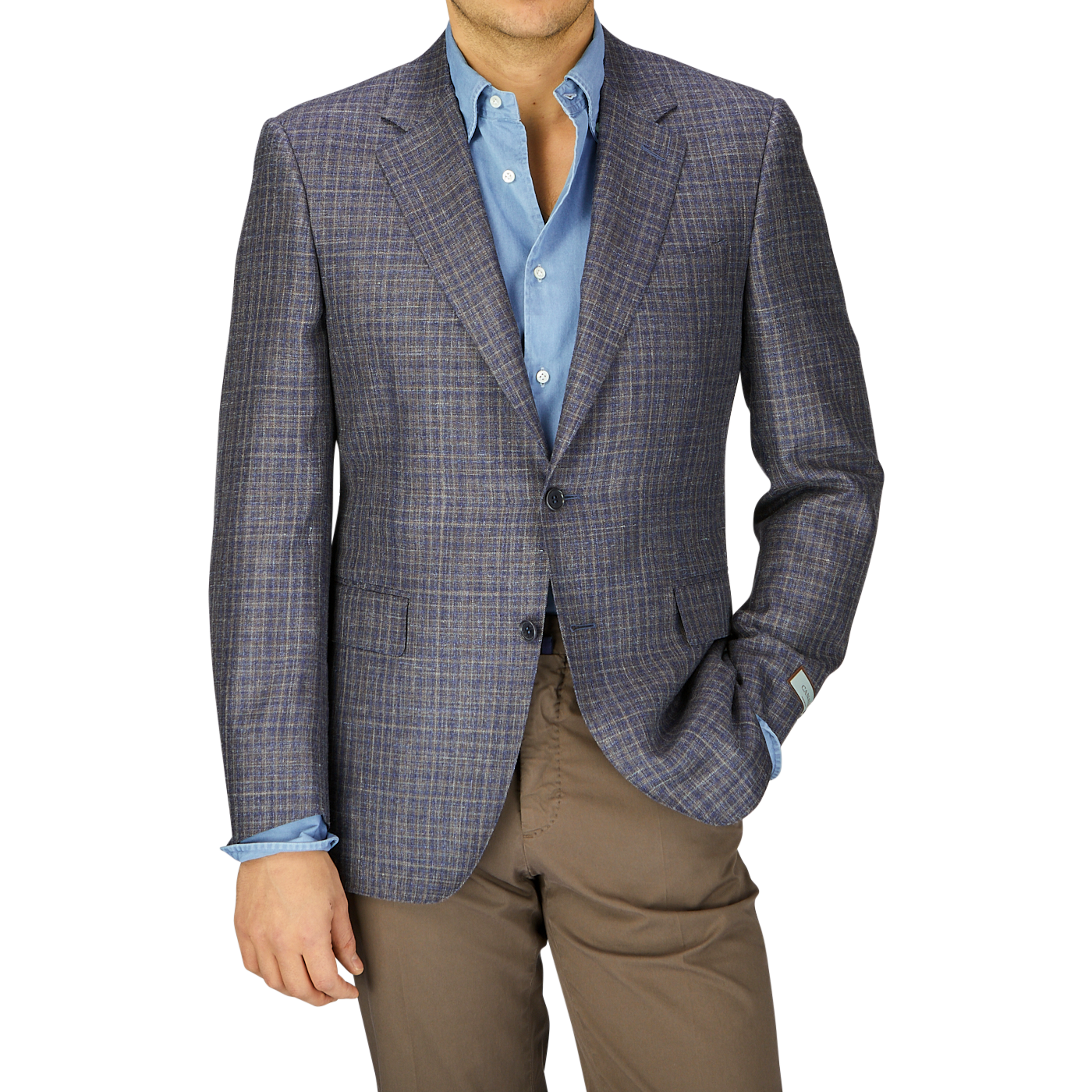A man in a Canali Blue Gingham Checked Wool Silk Linen Blazer and light blue shirt paired with beige trousers, cropped at the chest, against a grey background.