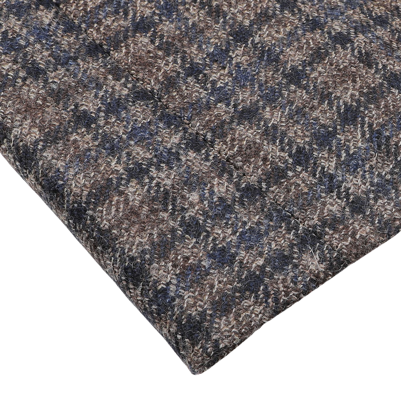Close-up of a section of textured fabric with a houndstooth pattern in brown, gray, and blue tones, resembling the classic style of the Brown Gunclub Check Wool Drop 6 Blazer by Canali, displayed on a white surface.