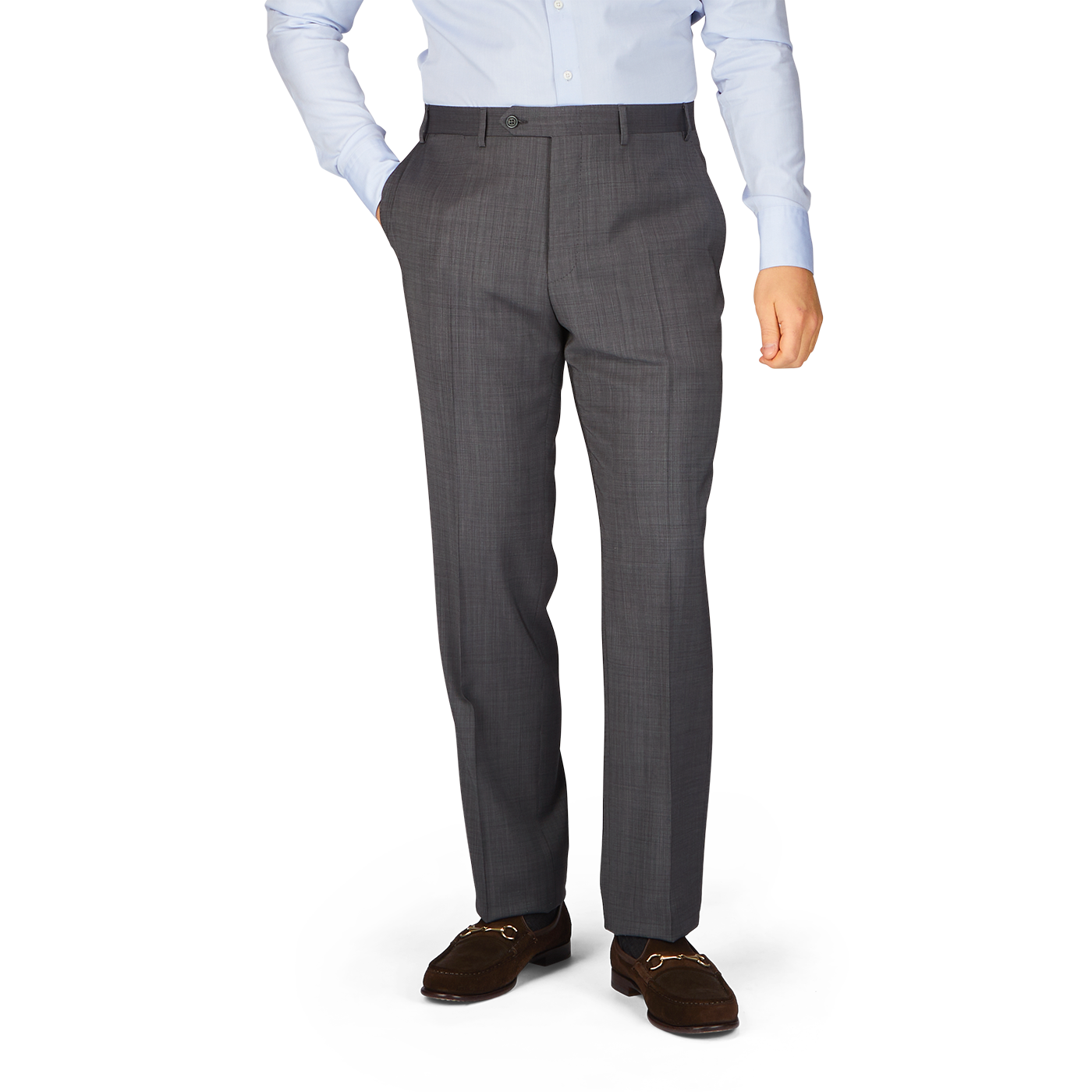 A man in a grey Canali Charcoal Wool End On End Flat Front Trousers and blue shirt.