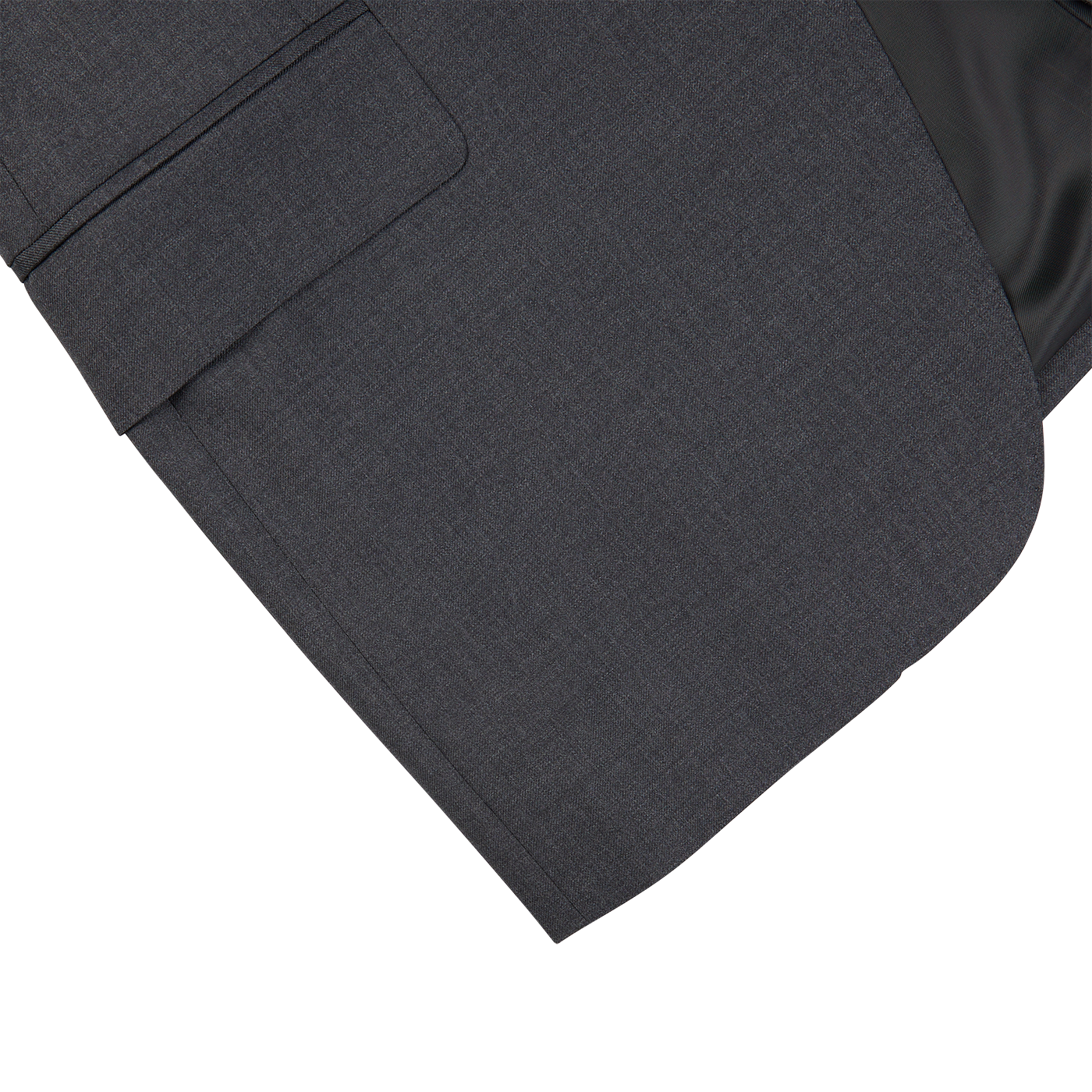 A close up of a timeless, formal charcoal grey Canali suit jacket.