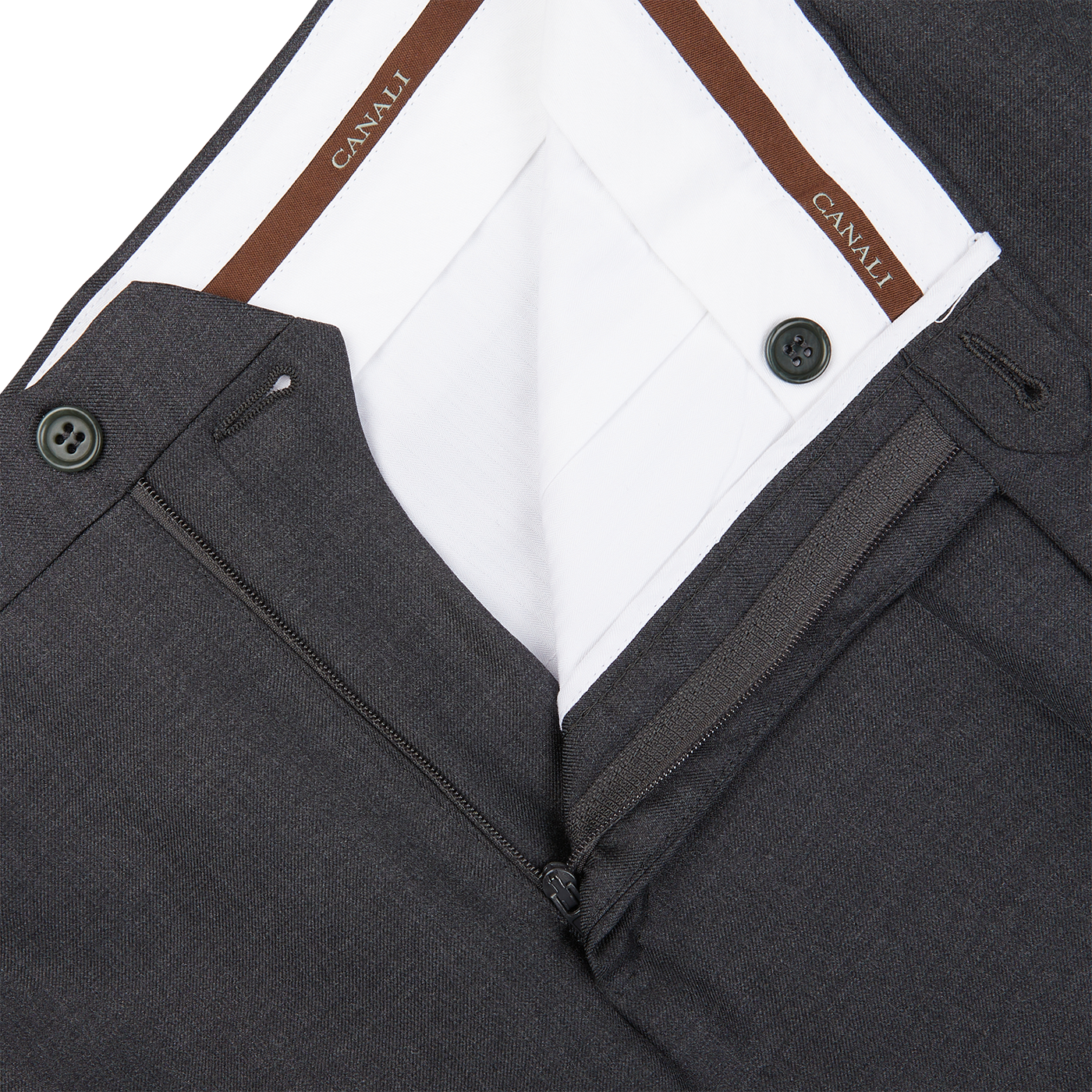 A close up of a Canali Charcoal Grey Wool Notch Lapel Suit.