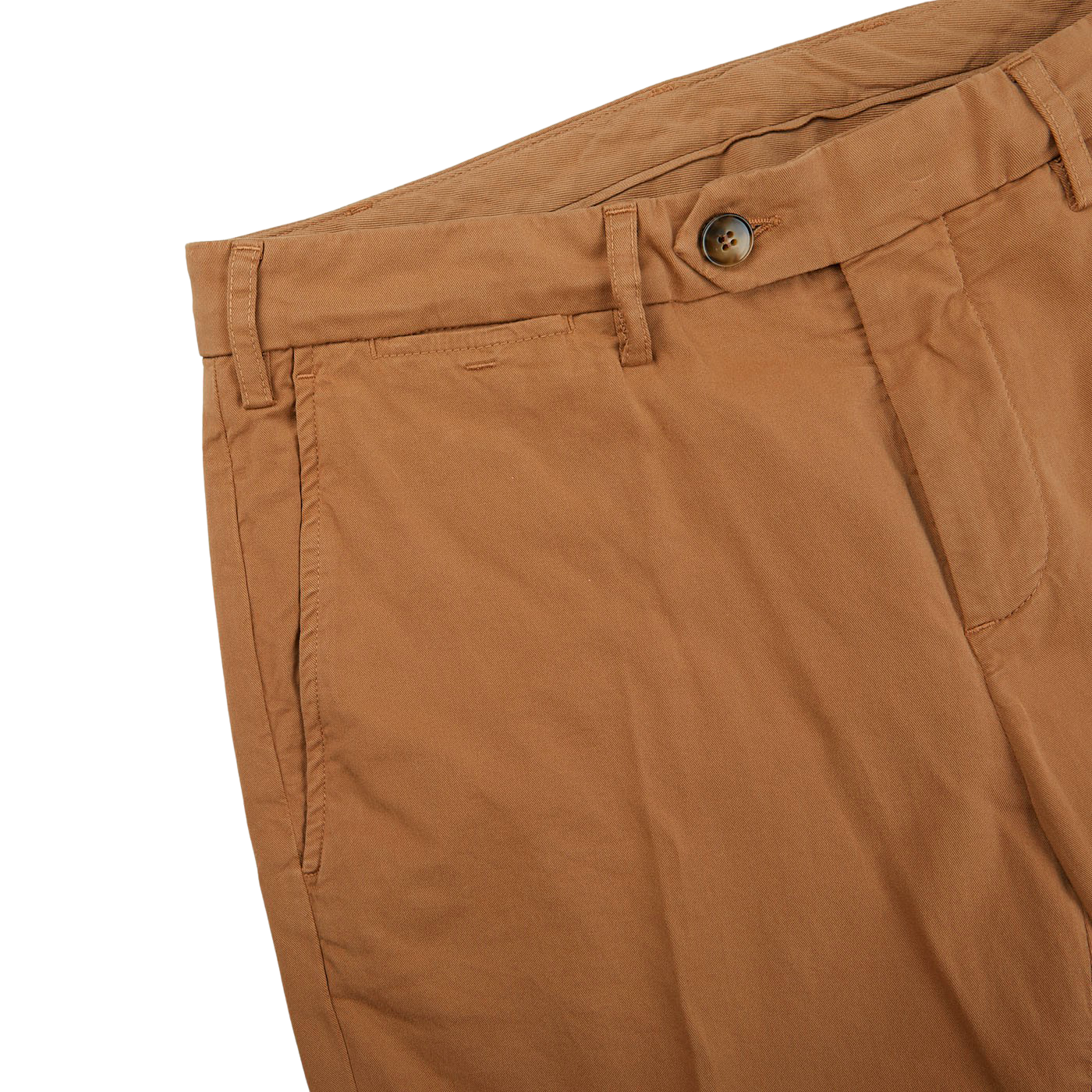 A close up of a pair of Canali Terracotta Cotton Stretch Flat Front Chinos with a distressed appearance.