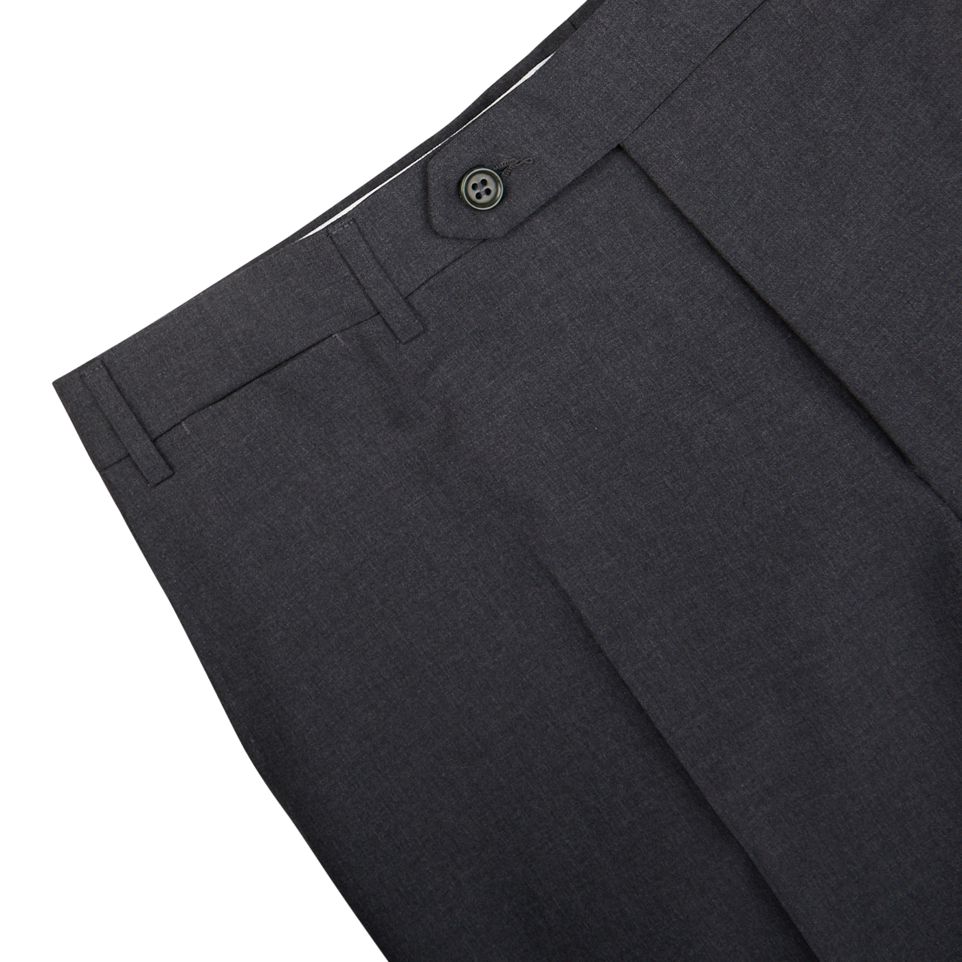 Tailored Dark Grey Tropical Wool Flat Front Trousers from Canali with a button closure on a white background.