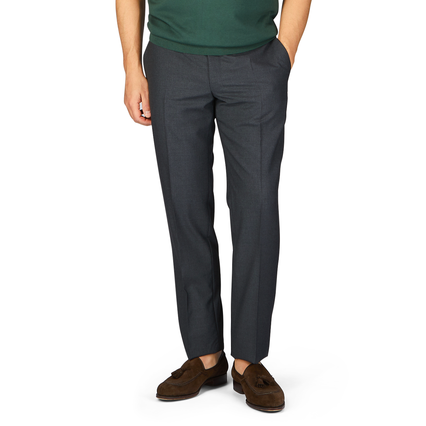 Man wearing Canali dark grey tropical wool flat front trousers and brown loafers without showing the upper body.