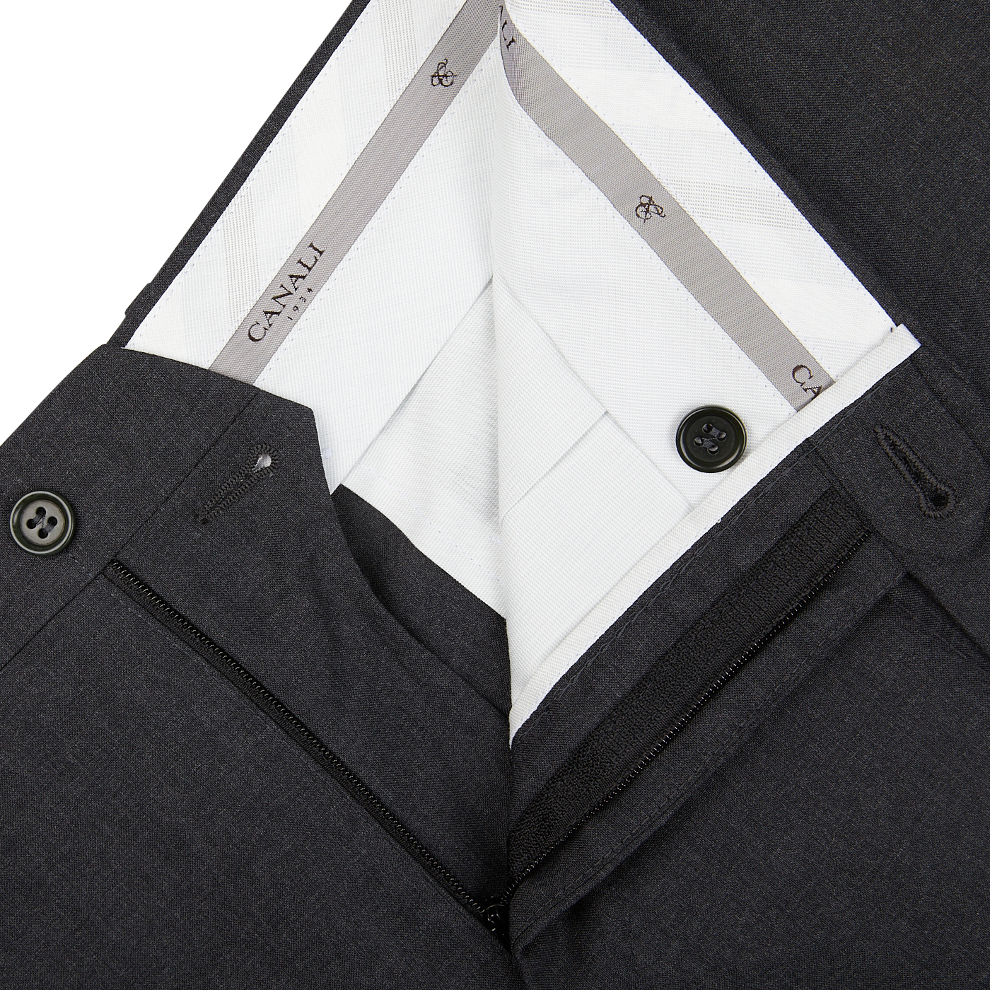 Close-up view of a men's dark suit jacket with a patterned lining and Canali dark grey tropical wool flat front trousers detail.