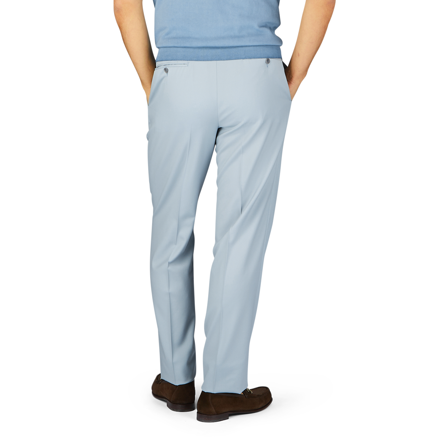 Man standing with hands in pockets wearing Canali Dove Grey Flat Front Wool Twill Trousers and brown shoes.