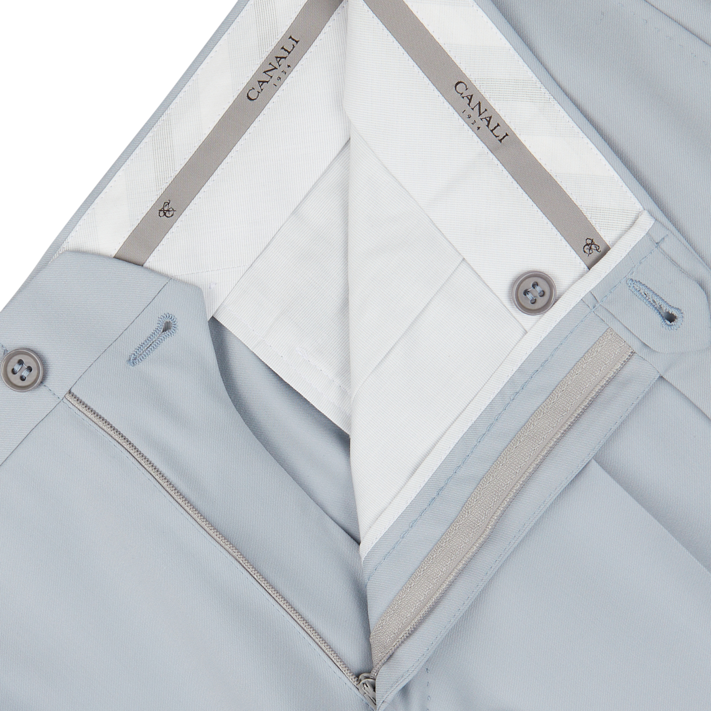 Close-up of a light blue Canali men's jacket made from pure wool twill, with zipper and button details.