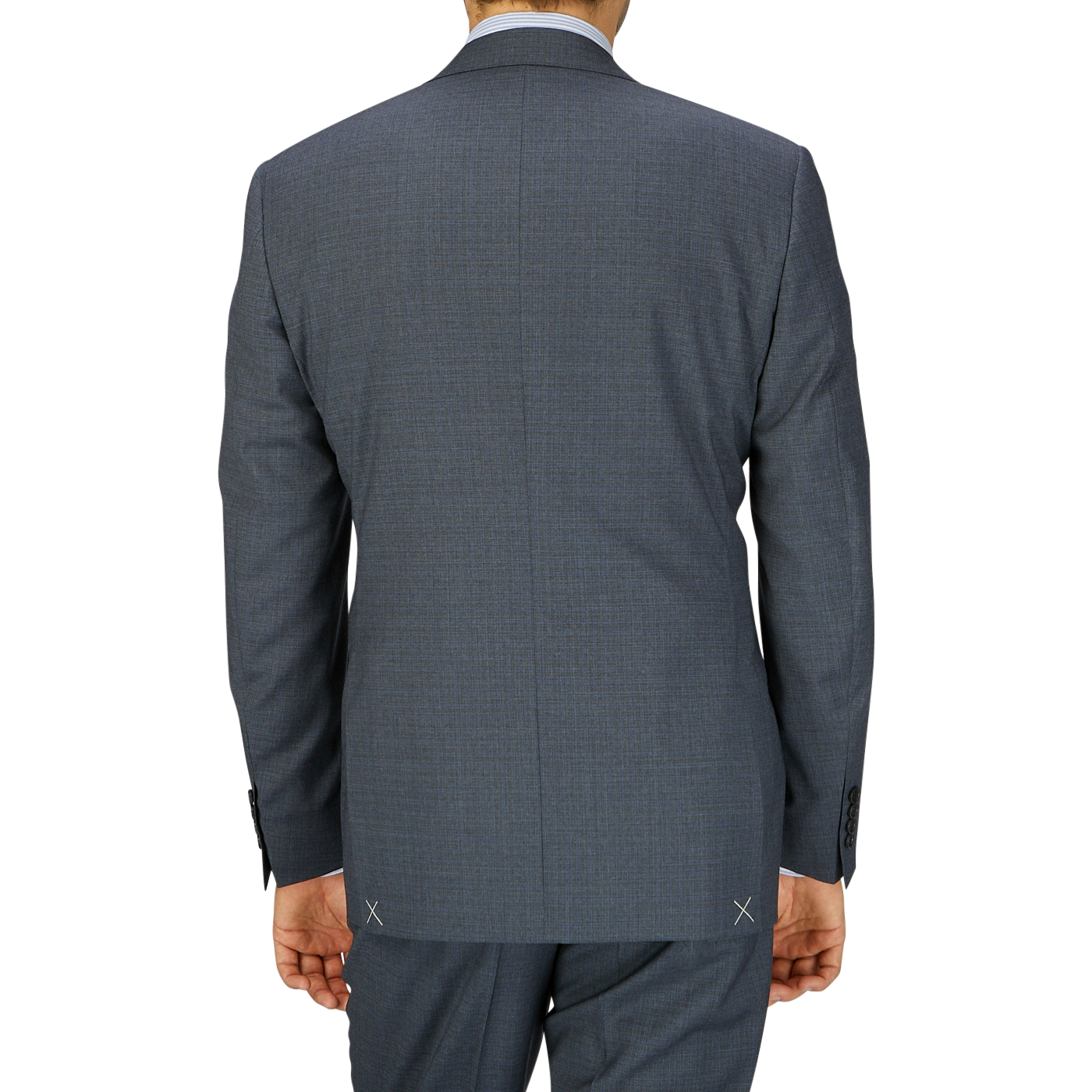 Rear view of a man wearing a full canvas construction Canali Grey-Blue Melange Wool Suit jacket and pants, standing against a light grey background.