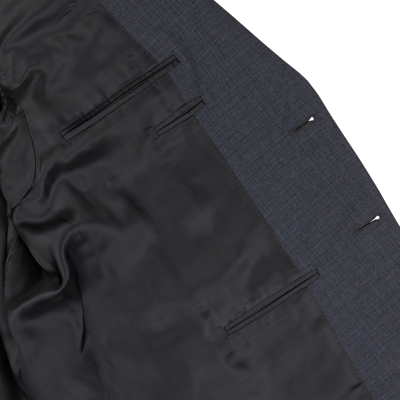 Close-up of a Canali Grey-Blue Melange Wool Suit jacket with black lining, showing detail of the fabric texture and inner pockets.