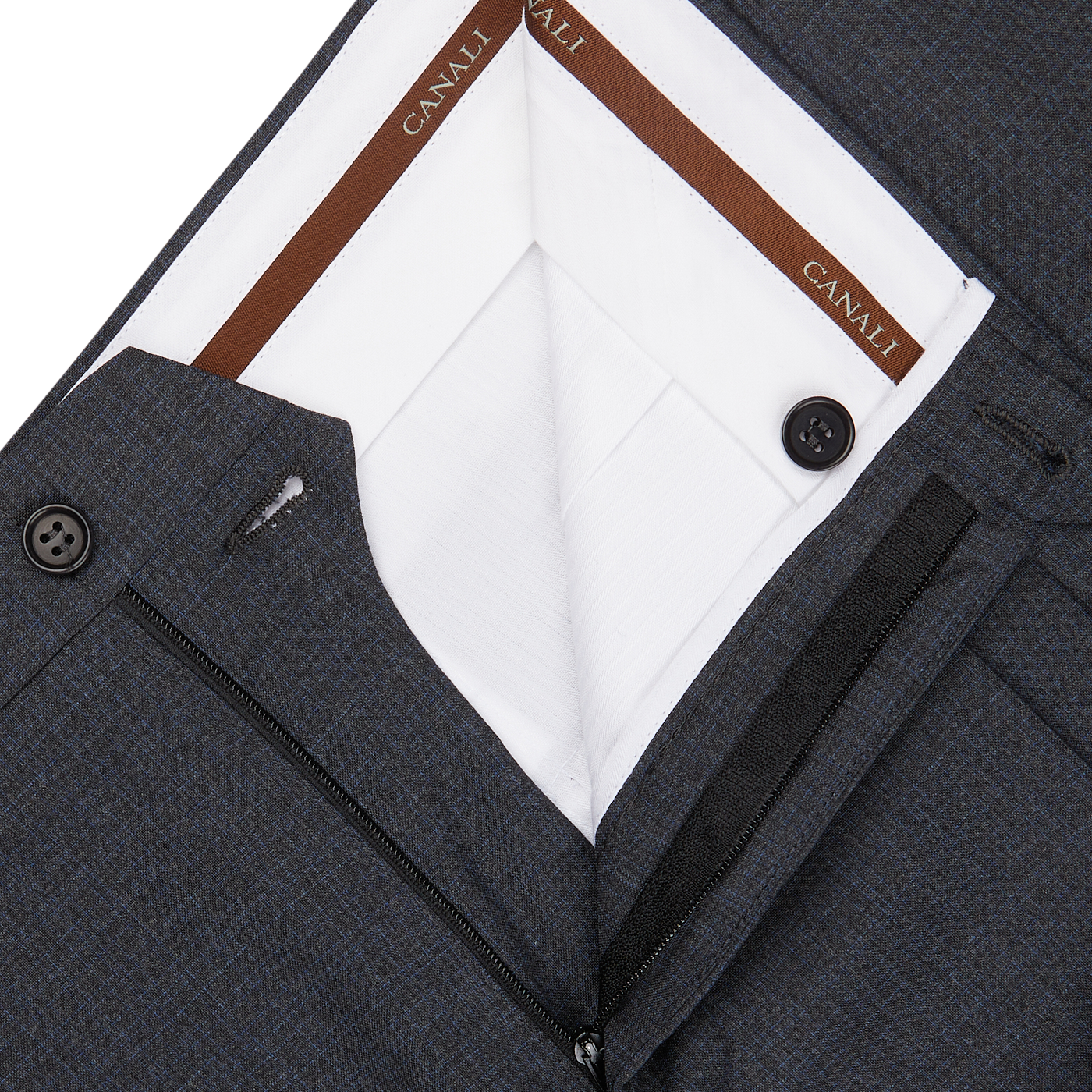 Close-up of a Canali Grey-Blue Melange Wool Suit with a white shirt underneath, featuring a zipper detail and designer labels visible on the collar.