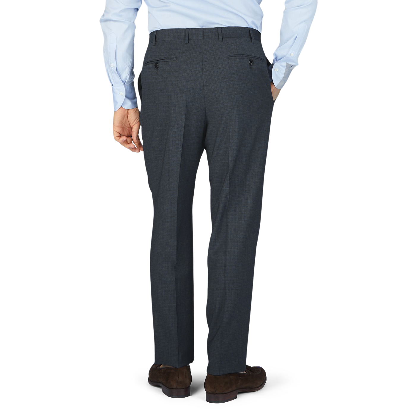The man in the Canali suit is seen from behind, showcasing his grey blue melange checked wool trousers.