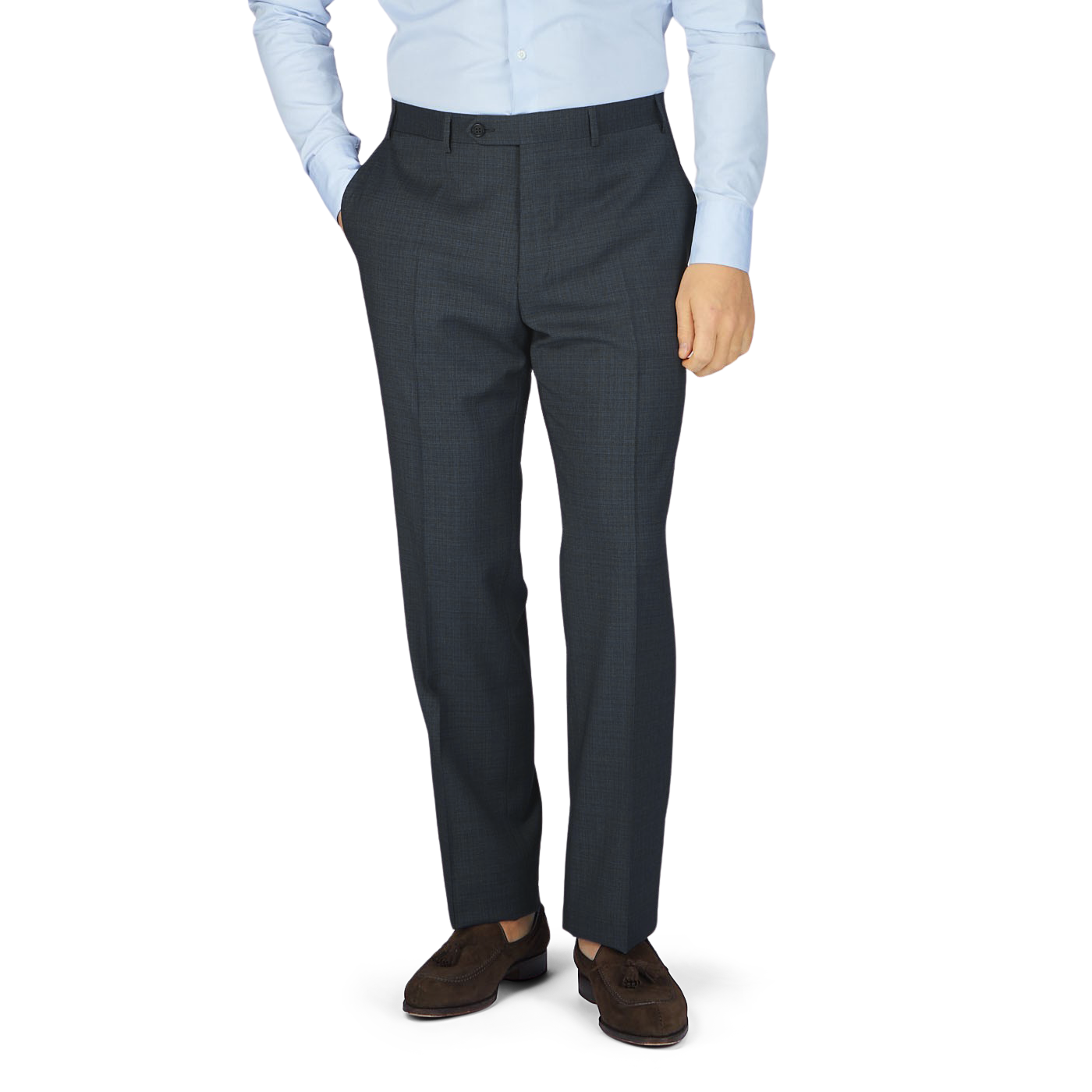 A man in a blue shirt and grey Canali trousers.