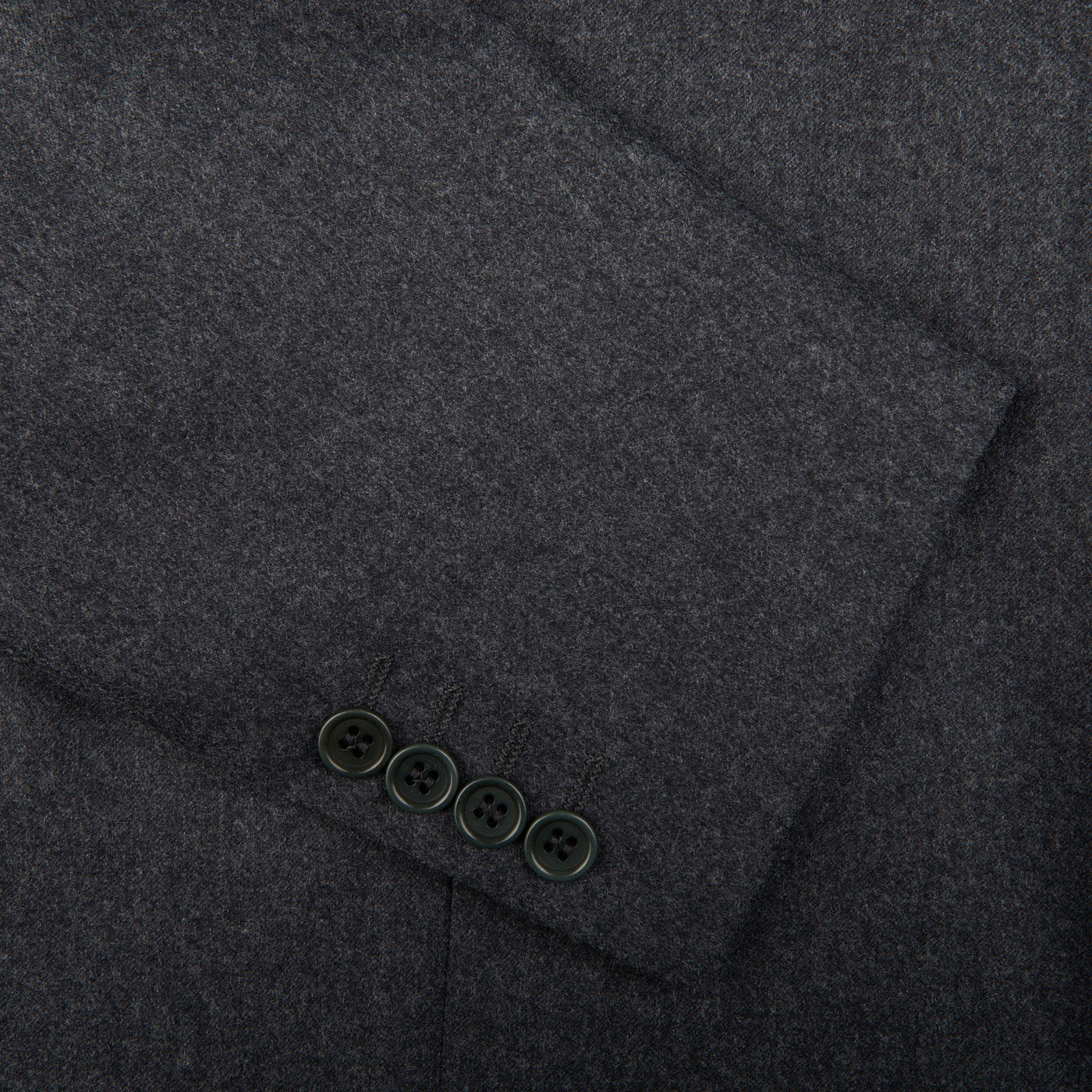 A close up of a structured shoulder Canali grey melange wool flannel suit.
