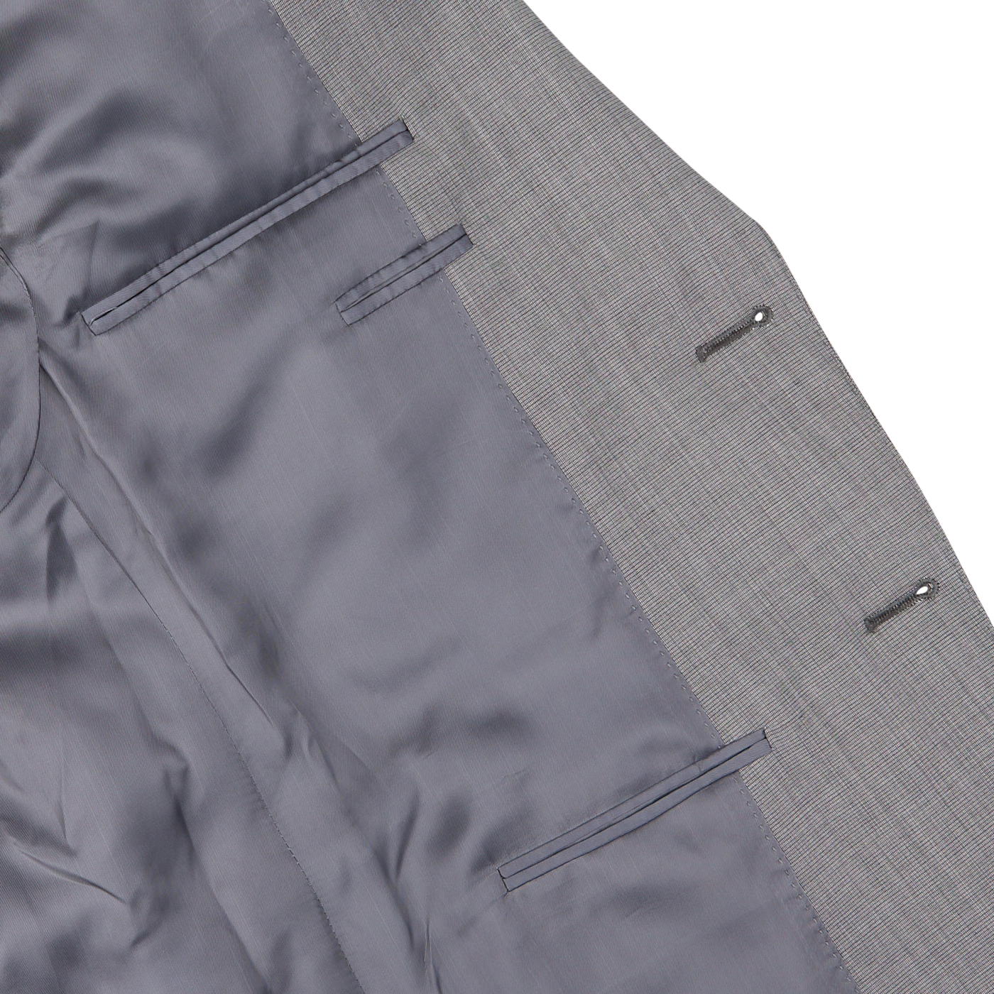Close-up of a Canali Light Grey Micro Check Wool Suit jacket with pocket details.